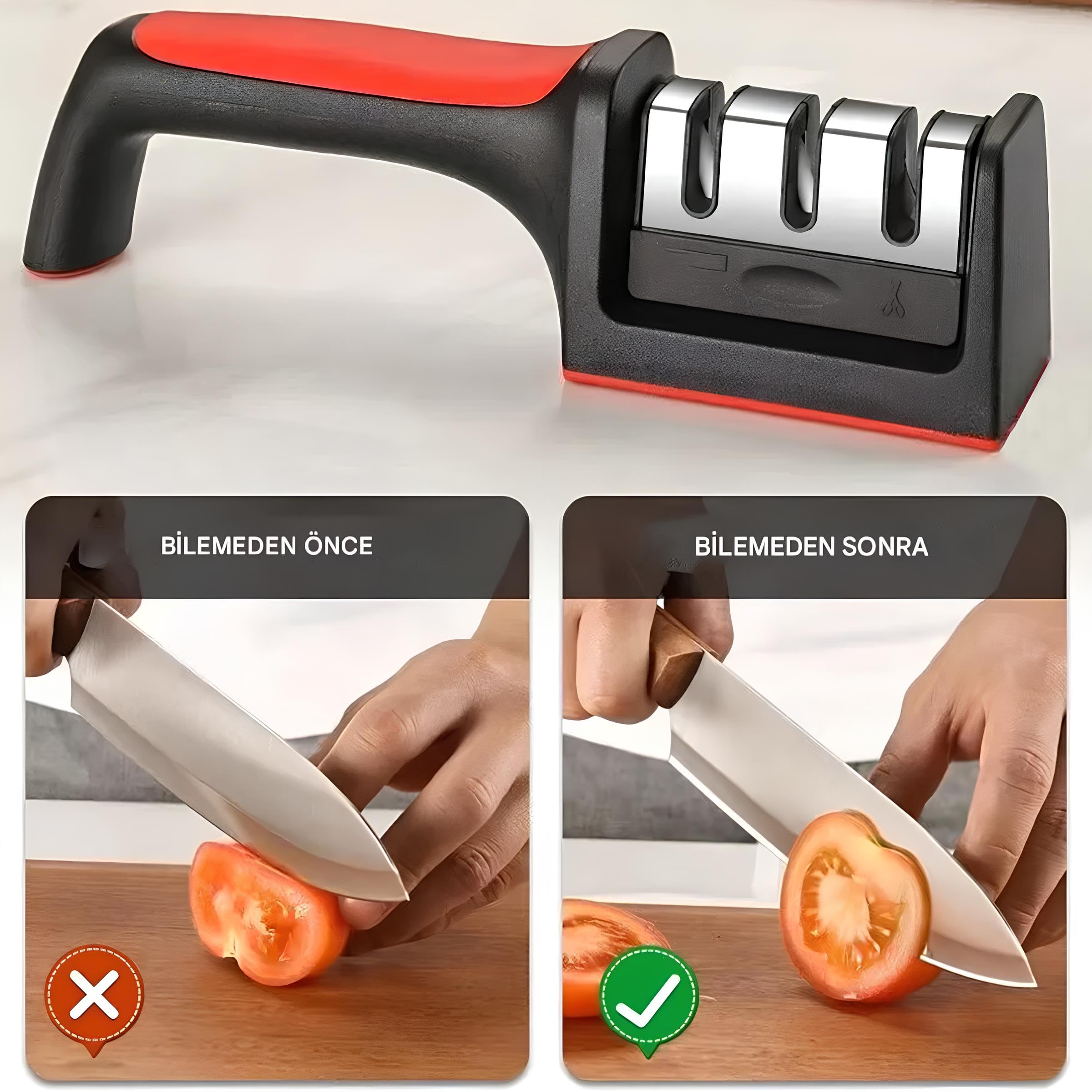 Kanji 3 Fonksiyonlu Paslanmaz Çelik Bıçak Bileyici – Elmas, Tungsten ve Seramik Bileme – Şef, Mutfak, Meyve, Çakı ve Av Bıçakları İçin Ergonomik Bileme Aleti