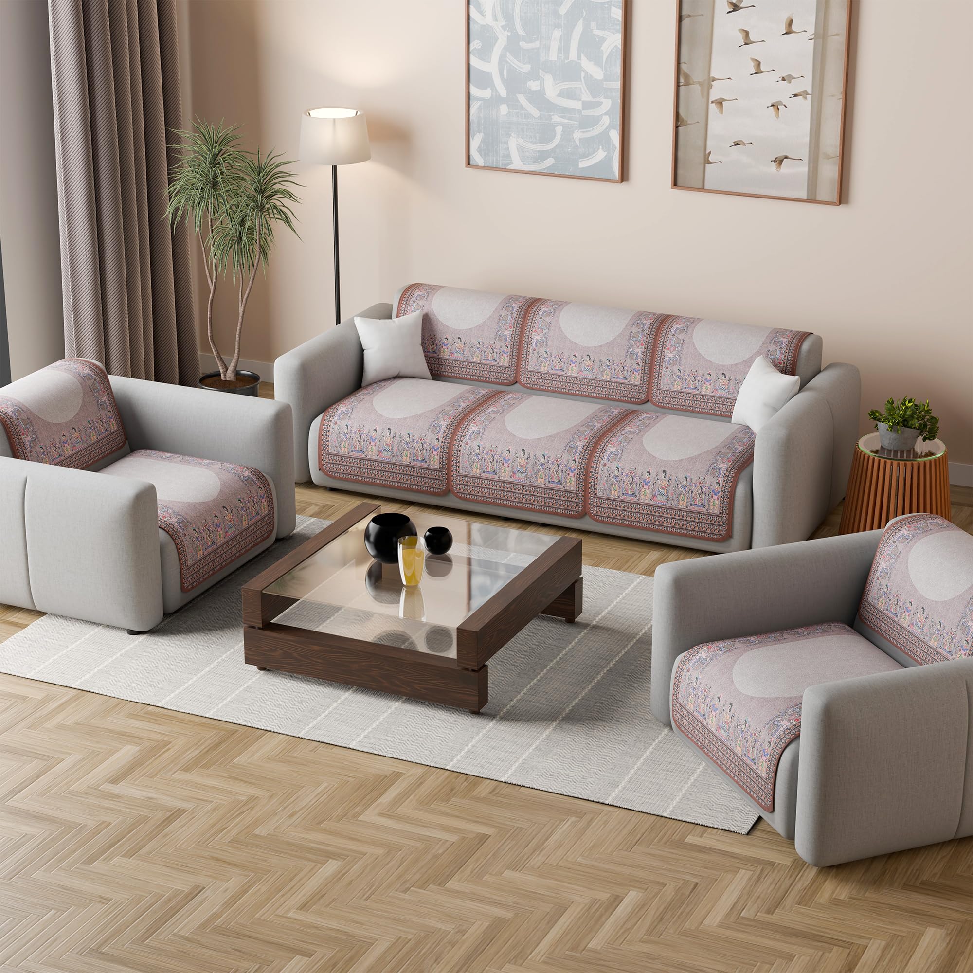 Kuber Industries 5 Seater Sofa Cover | Slipcover for Living Room | Thick & Cozy | Non-Slip Comfort Sofa Cover Set | Rajasthani Border Malibu 1351 - Brown