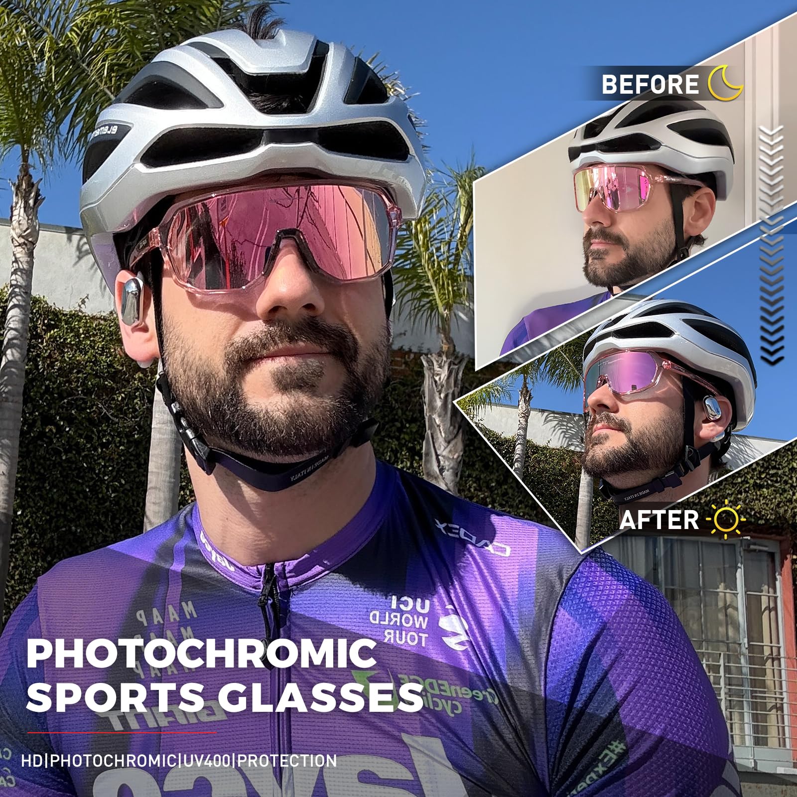 KAPVOE Occhiali Ciclismo Fotocromatici UV400 TR90 Uomo Donna K63 | Fotocromatica da trasparente a rosa CAT.1-CAT.2, UV400, ventilazione, TR90 leggero