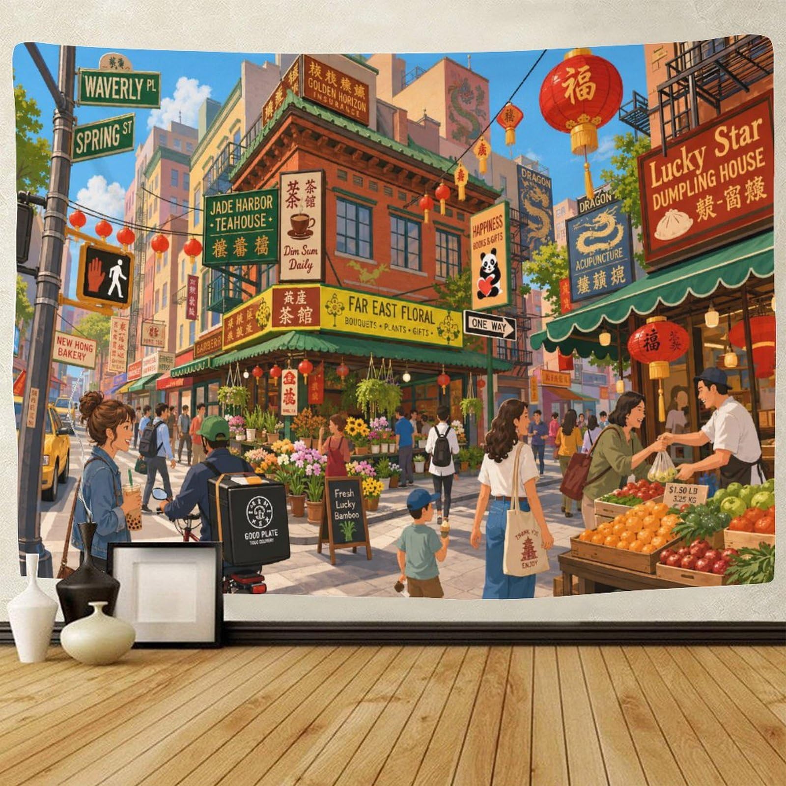 GPMNBCXZK Vintage Chinatown Street Tapestry for Bedroom 3D Print Wall Art Decor Tapestries Poster Home Decoration Bedroom Dorm 180cmx230cm