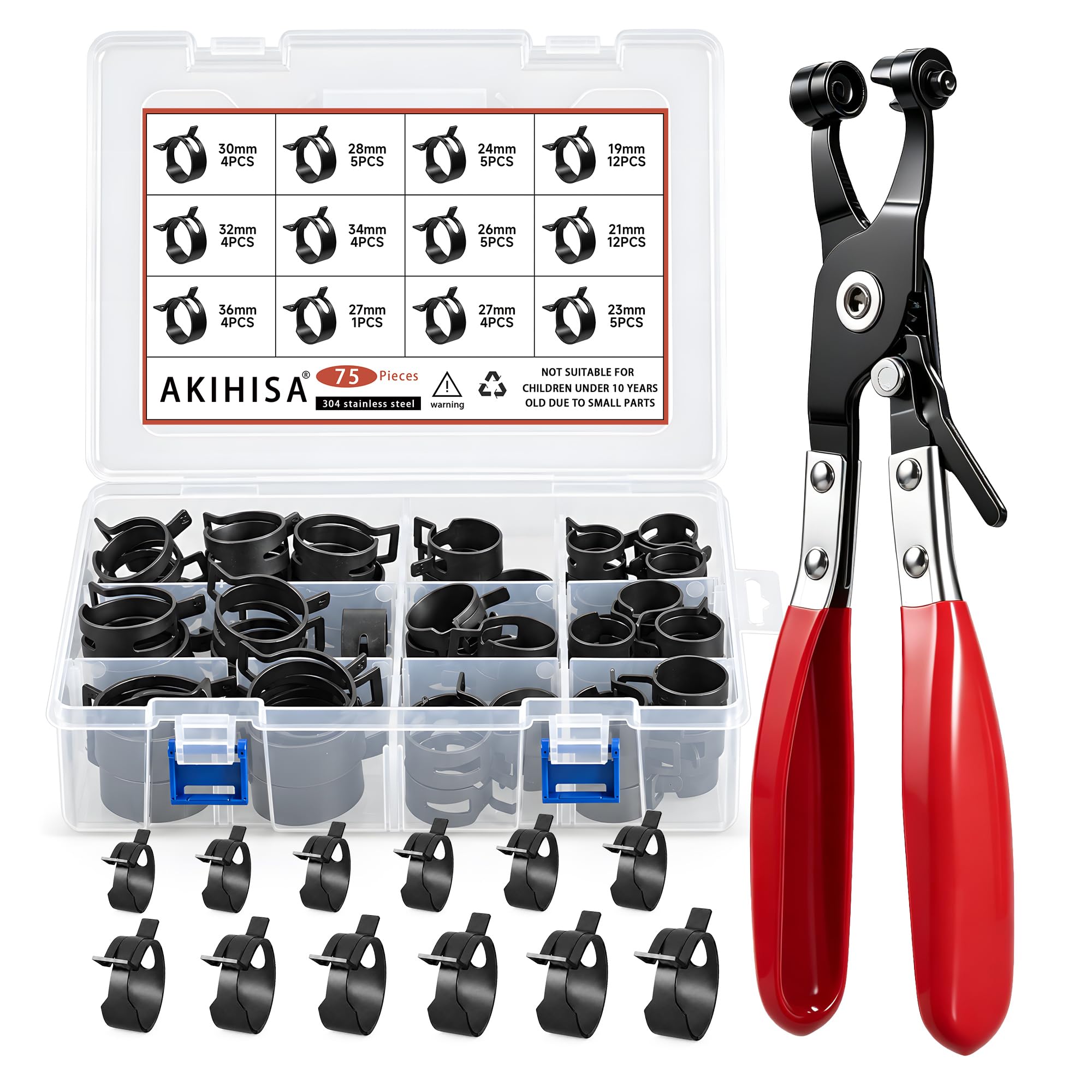 75PCS Spring Band Hose Clamps Assortment Kit 19-38mm with Hose Clamp Plier