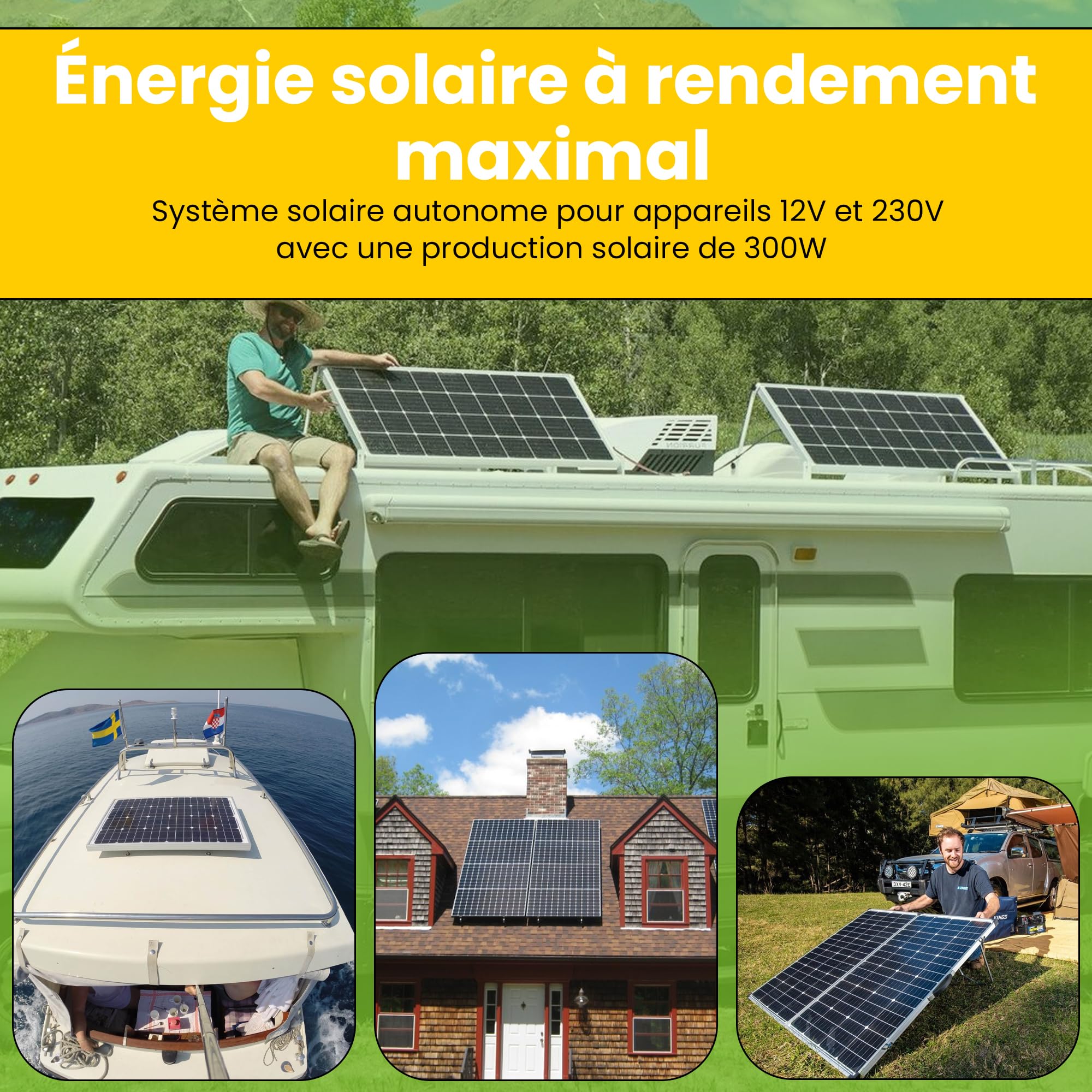 Kit d'installation solaire auto-suffisant Offgridtec XL-Master de 300 Watts - Puissance de 1 500 Watts CA hors réseau pour 12 V/230 V