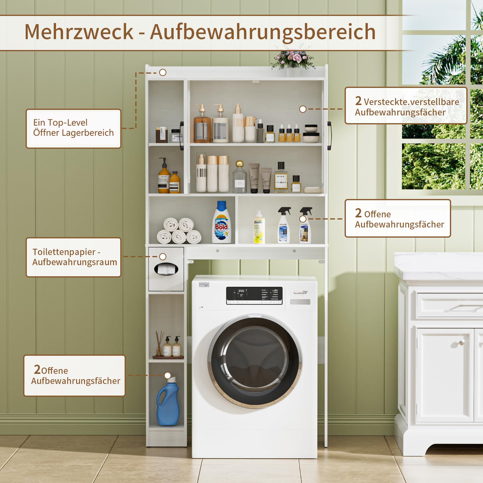 BonVache Waschmaschinenschrank mit 2 Türen, Verstellbare Ablagen, Waschmaschinenregal mit Seitenfach für Papierhandtuch und 6 offene Fächer, für Badezimmer, Toilette und Waschküche, Weiß