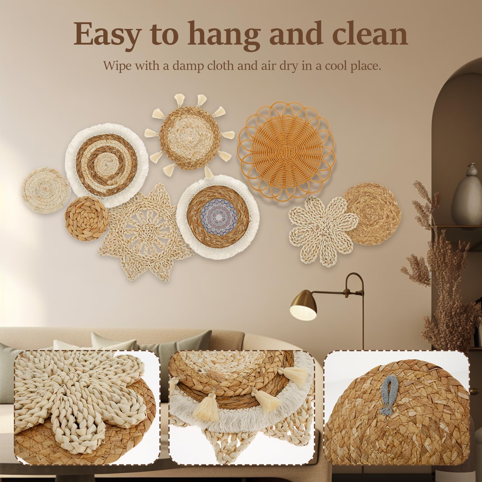 9 cestas de pared bohemias, decoración de pared de mimbre de ratán, decoración de pared tejida para colgar, arte de pared redondo hecho a mano para sala de estar, dormitorio, mesa de exhibición,