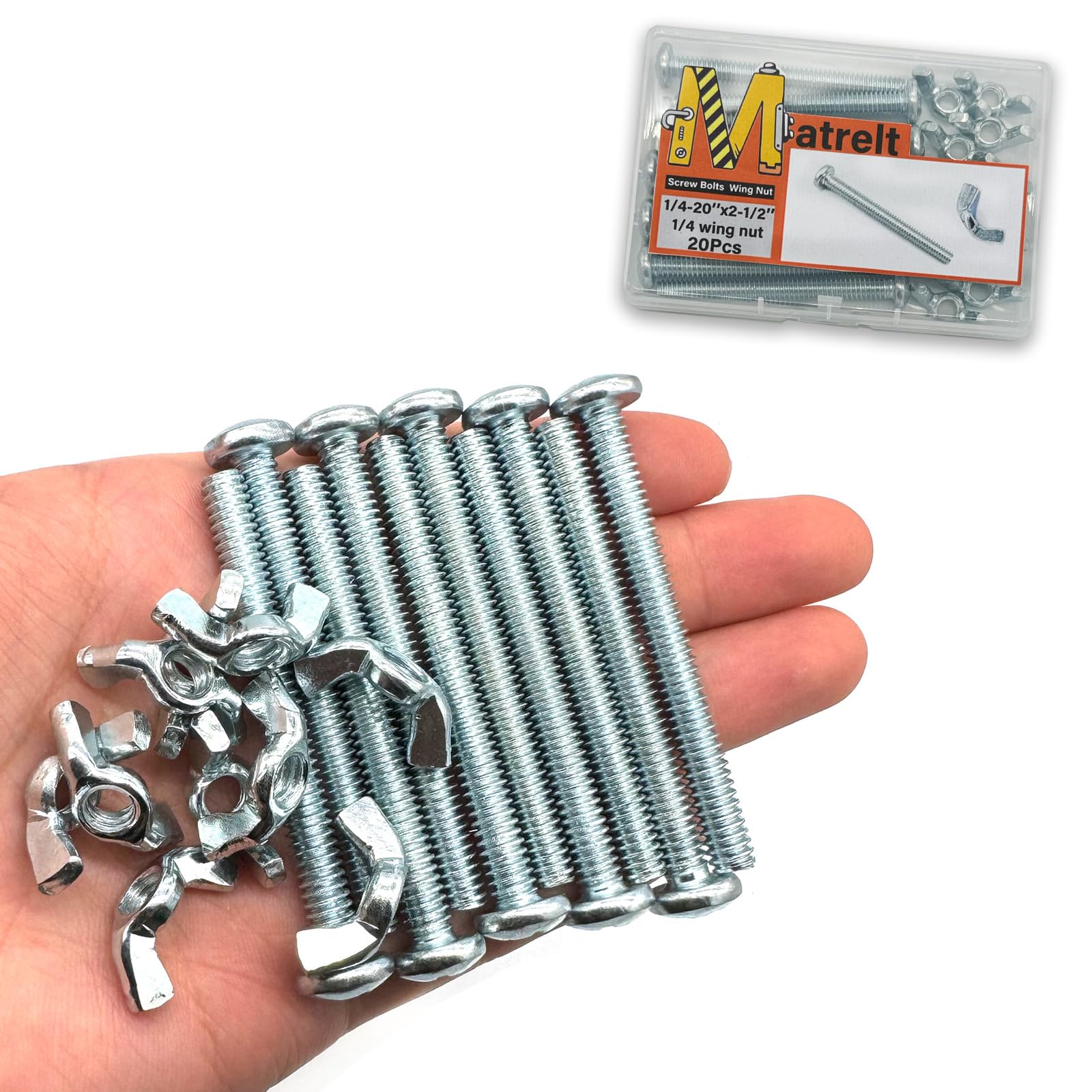 Matrelt 20Pack 1/4"-20 x2-1/2 Screw Bolts and Wing Nut Kit 10pcs Machine Screws with Round Head Phillips 10pcs Butterfly Hand Twist Tighten Nut Zinc