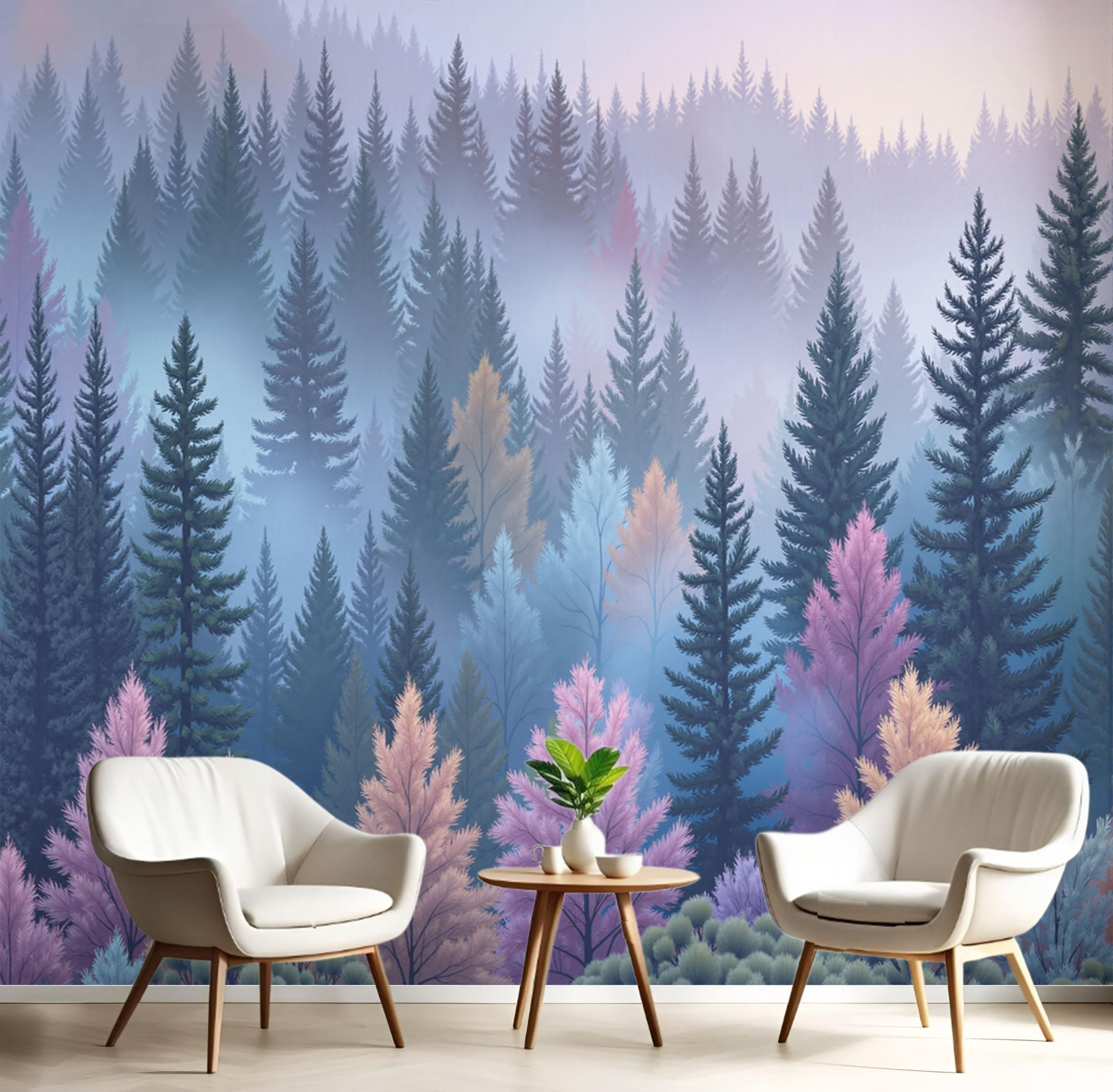 Papier peint panoramique forêt brumeuse : la solution pour agrandir un salon sombre