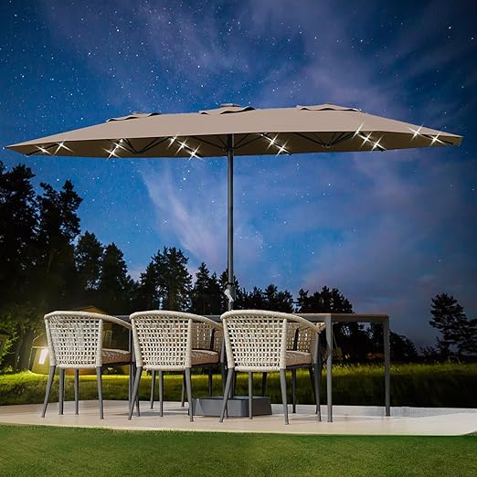 15FT Large Patio Umbrella with Base and Solar Lights, Double-Sided Rectangle Umbrella Oversized Shade for 8-10 People,36 LED Lights and Weighted Base for Pool, Deck, Backyard