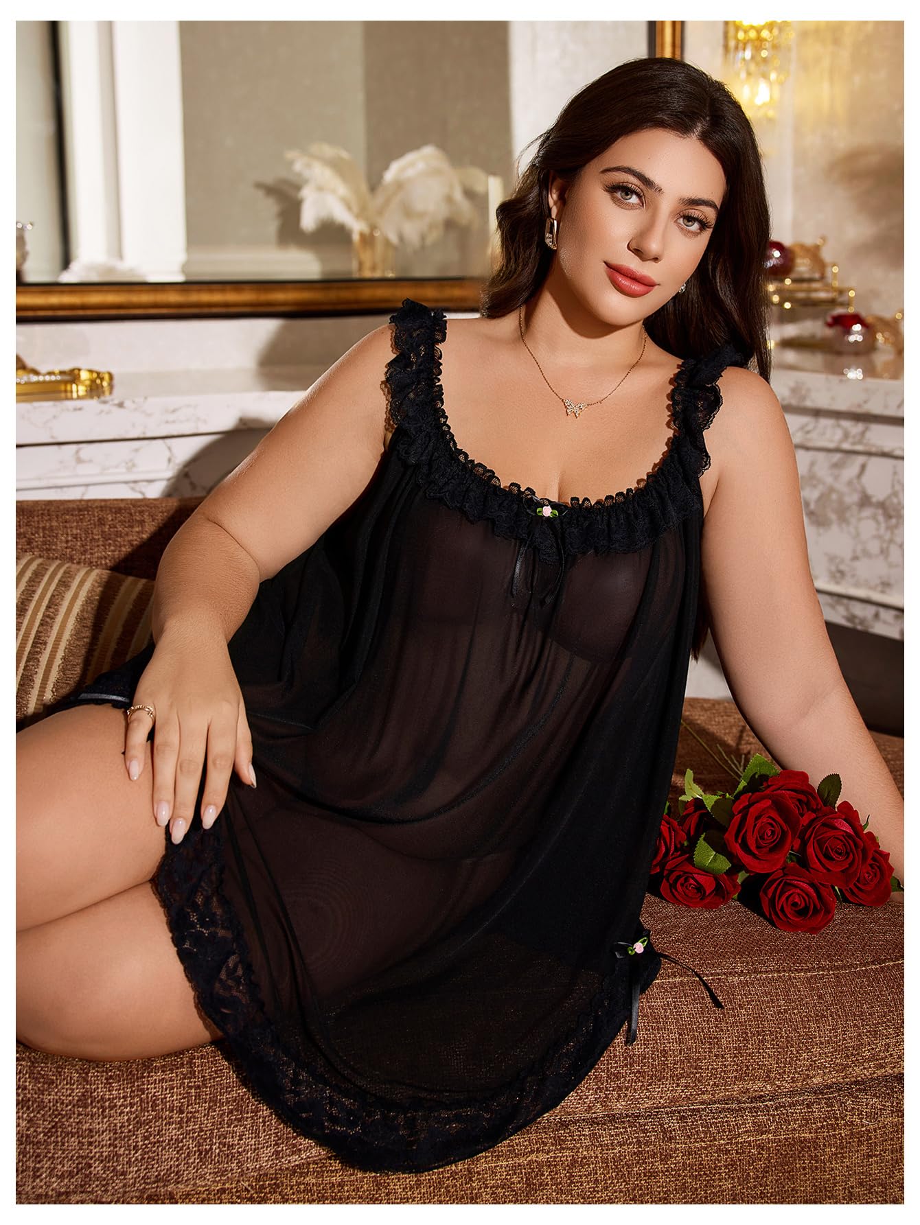 OYOANGLE Women's Plus Size Lace Sheer Chemise Nightgown and Thongs 2 Piece Lace Babydoll Lingerie Set: X-Large Plus Black