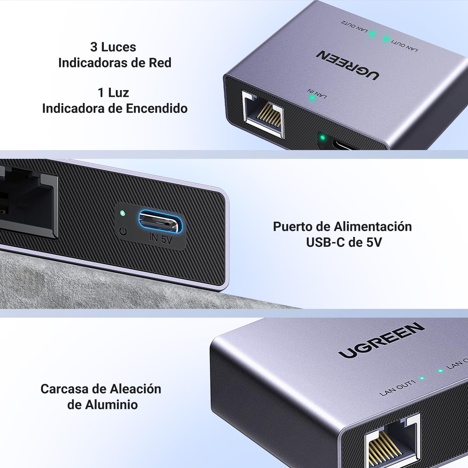 UGREEN Switch Ethernet Splitter Gigabit 1 a 2 1000Mbps, Divisor de Internet LAN, Conmutador de Red RJ45 con Cable USB C Compatible con Ordenadores, Hubs, Televisores, Routers, ADSL