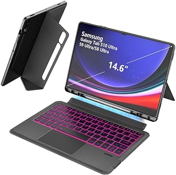 Keyboard Case for Samsung Galaxy Tab S10 Ultra/S9 Ultra/S8 Ultra 14.6 Inch, Detachable Backlit Bluetooth Keyboard with Trackpad, S Pen Holder, 3-Angle Stand Protective Cover
