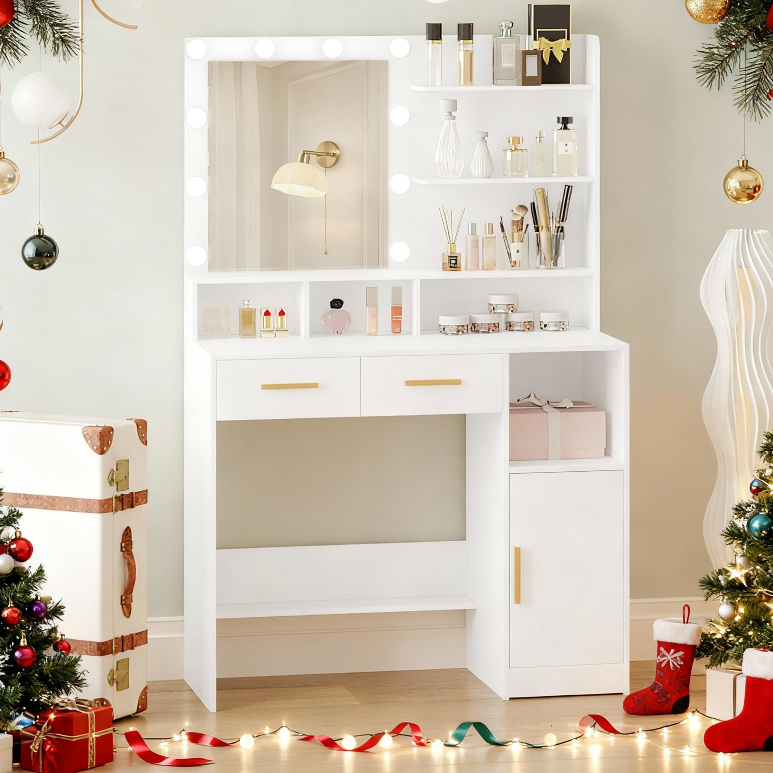 Hzuaneri Schminktisch mit Spiegel und 10 LED-Beleuchtung, Schminktische mit Einstellbare Helligkeit,Schminktisch mit 2 Schublade & 1 Schrank, 3 Ablagen & 4 offenen Fächern, Weiß DT32503X