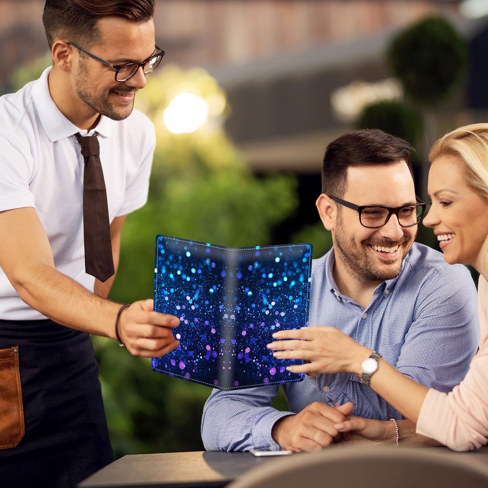 KUJKBFWJ Server Books for Waitress - Cute Server Guest Book with Zipper Pocket & Note Pad Holder | PU Leather Waiter Book Organizer, Apron-Compatible Server Wallet, Blue Glitter