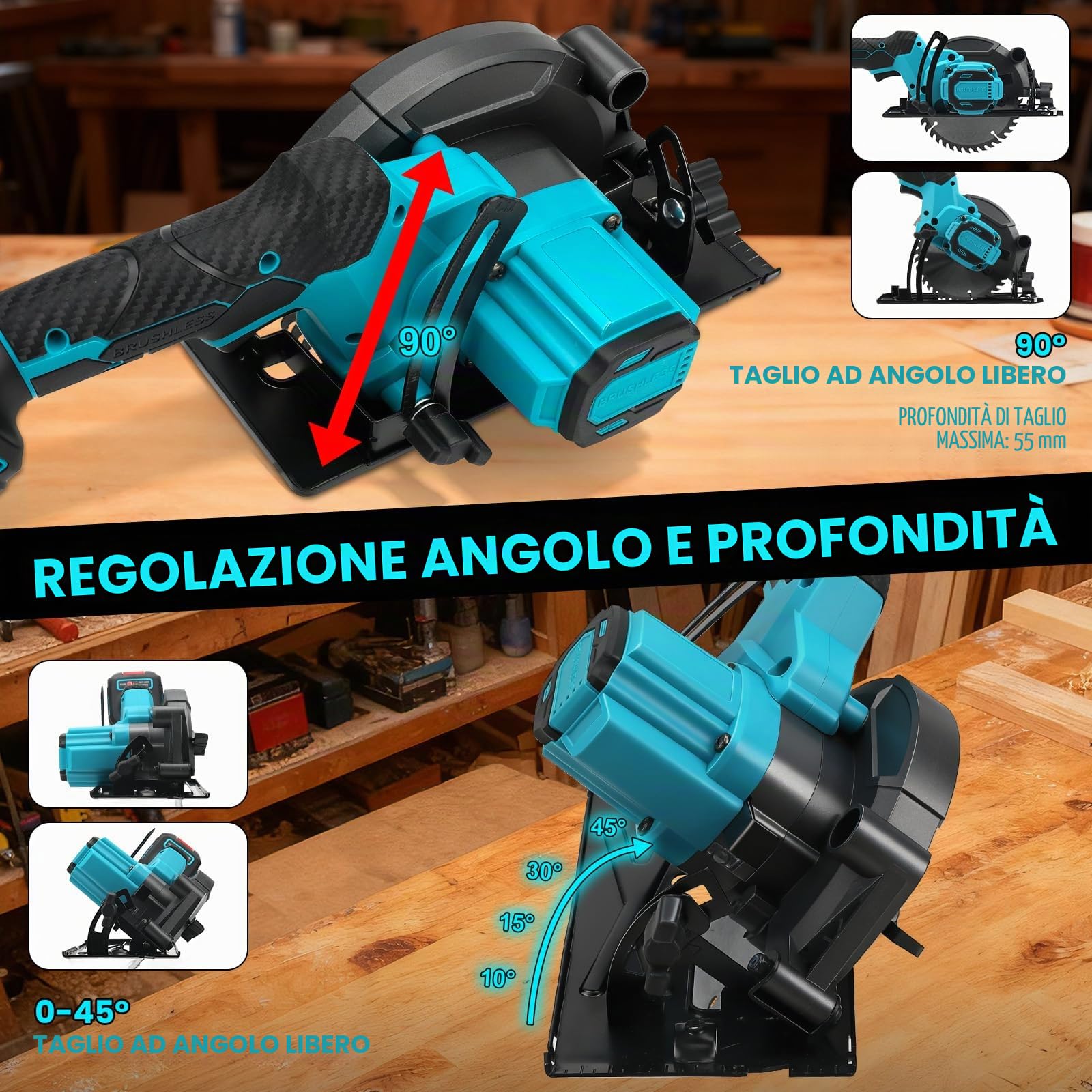 Sega circolare a batteria compatibile con Makita 18V, sega circolare senza spazzole, 5800 RPM, profondità di taglio 55 mm, 0-45°, sega circolare elettrica per legno, plastica (senza batteria)