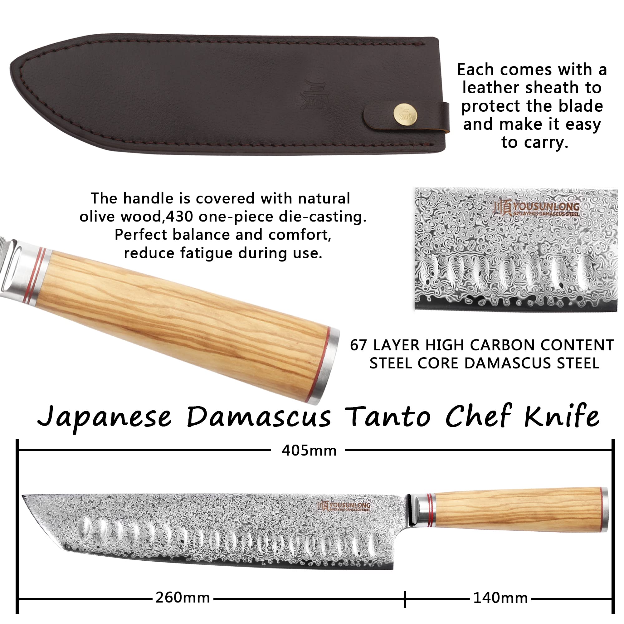 YOUSUNLONG Tanto-Kochmesser - 254 mm - Japanischer Damaszenerstahl - Rasiermesserscharf - Griff aus italienischem Olivenholz mit Lederscheide - Küchenmesser - Schneiden von Fleisch, Rindfleisch, BBQ