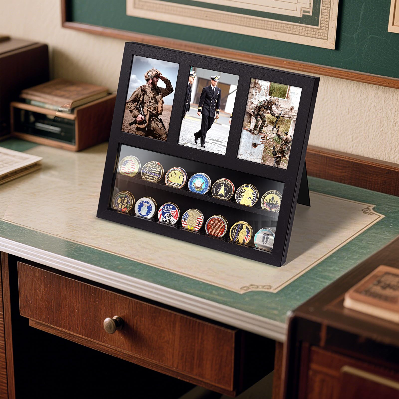 Miratino Soporte de exhibición de monedas con marco de fotos para tres fotos de 6 x 4 pulgadas y monedas de desafío de 17 a 30, caja de sombra de recuerdo militar para recuerdos familiares, regalos de