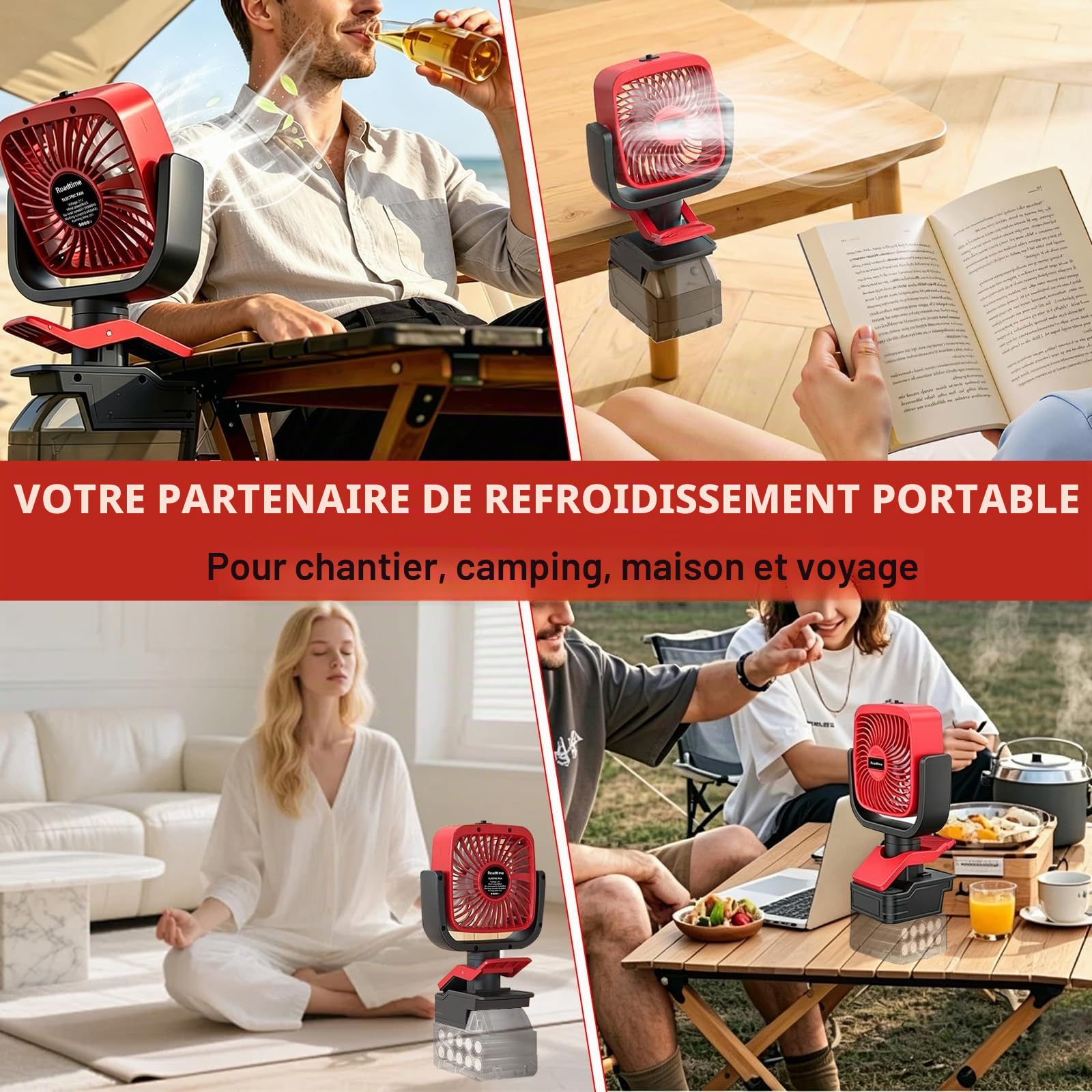 Roadtime Ventilateur à clip sans fil pour Milwaukee 18V (sans batterie) | 4 pouces, ventilateur portable à clip, 3 vitesses, angle d'inclinaison réglable, pour camping, voyage, chantier