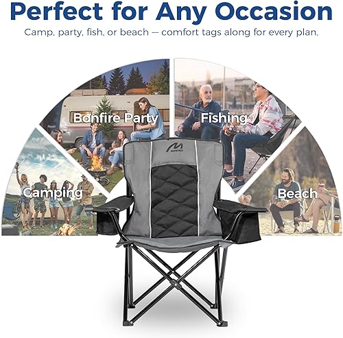 Miniatura 7 de Silla de campamento acolchada de gran tamaño, marco de acero resistente, capacidad de 450 libras, silla de campamento plegable con enfriador de 6