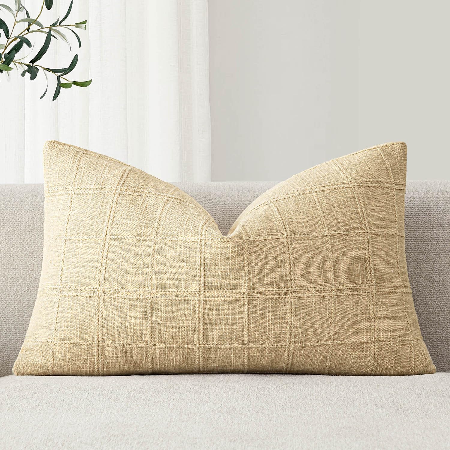 Foindtower Set of 1 Decorative Linen Check Throw Pillow Cover Neutral Farmhouse Lumbar Cushion Cover Modern Boho Accent Home Decor for Sofa Chair Couch Bedroom Living Room,12×20 Inch,Light Yellow