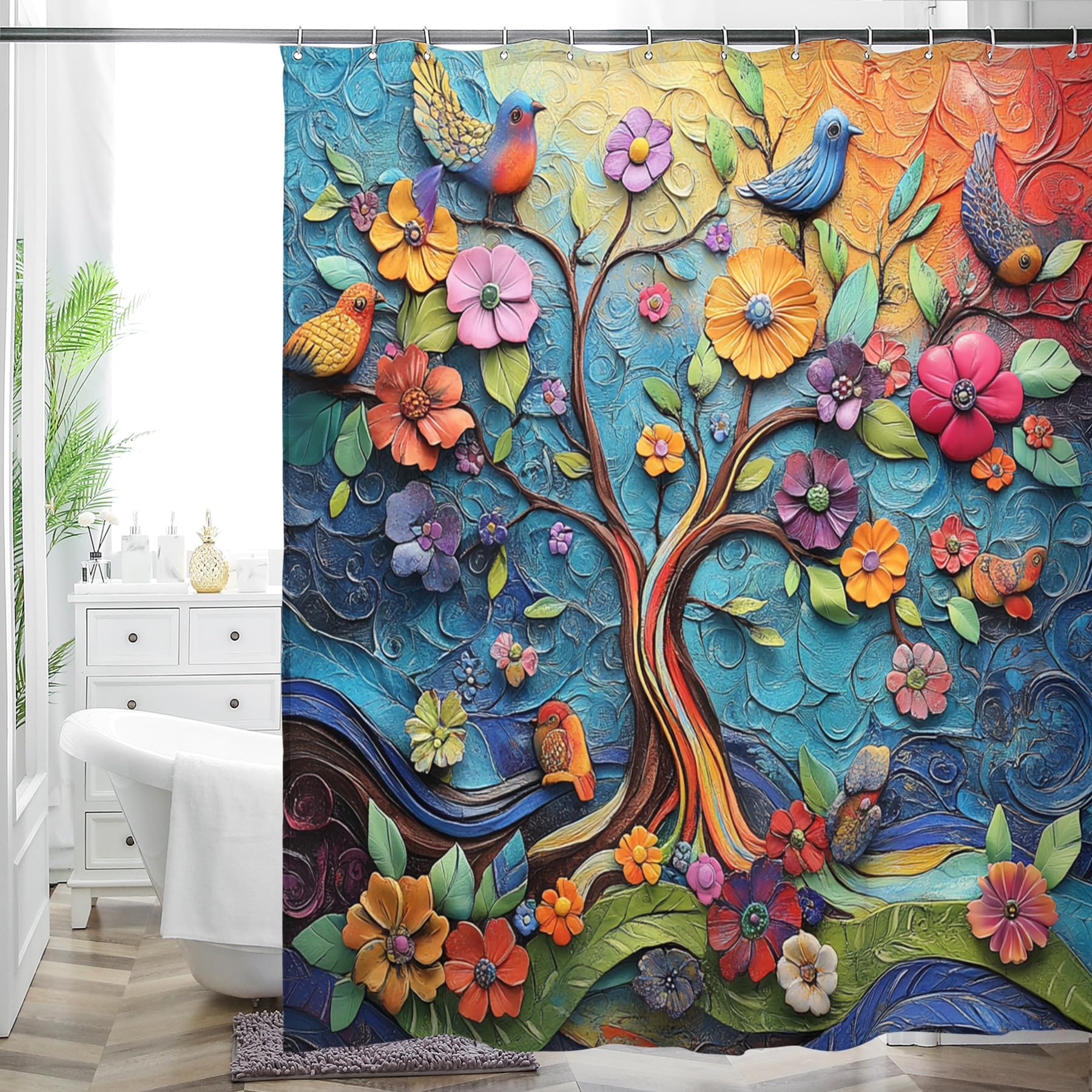 WC WAH CHUN Bohemian Shower Curtain, Boho Floral Print Water Repellent Polyester Fabric for Bathroom Decor, 72×72 Inch Standard Size with 12 Hooks,