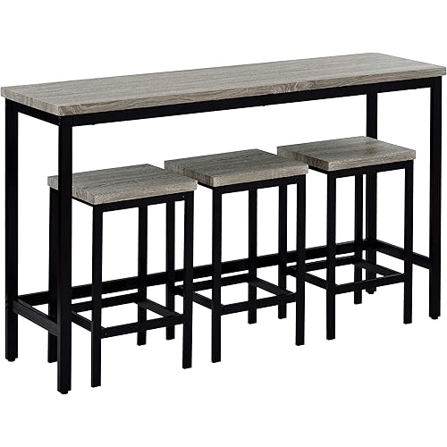 Danxee 4 Pieces Bar Table Set with Footrest, Modern Pub Table and Chairs Dining Set, Kitchen Counter Height Dining Table Set with 3 Bar Stools, Easy Assemble (Gray)