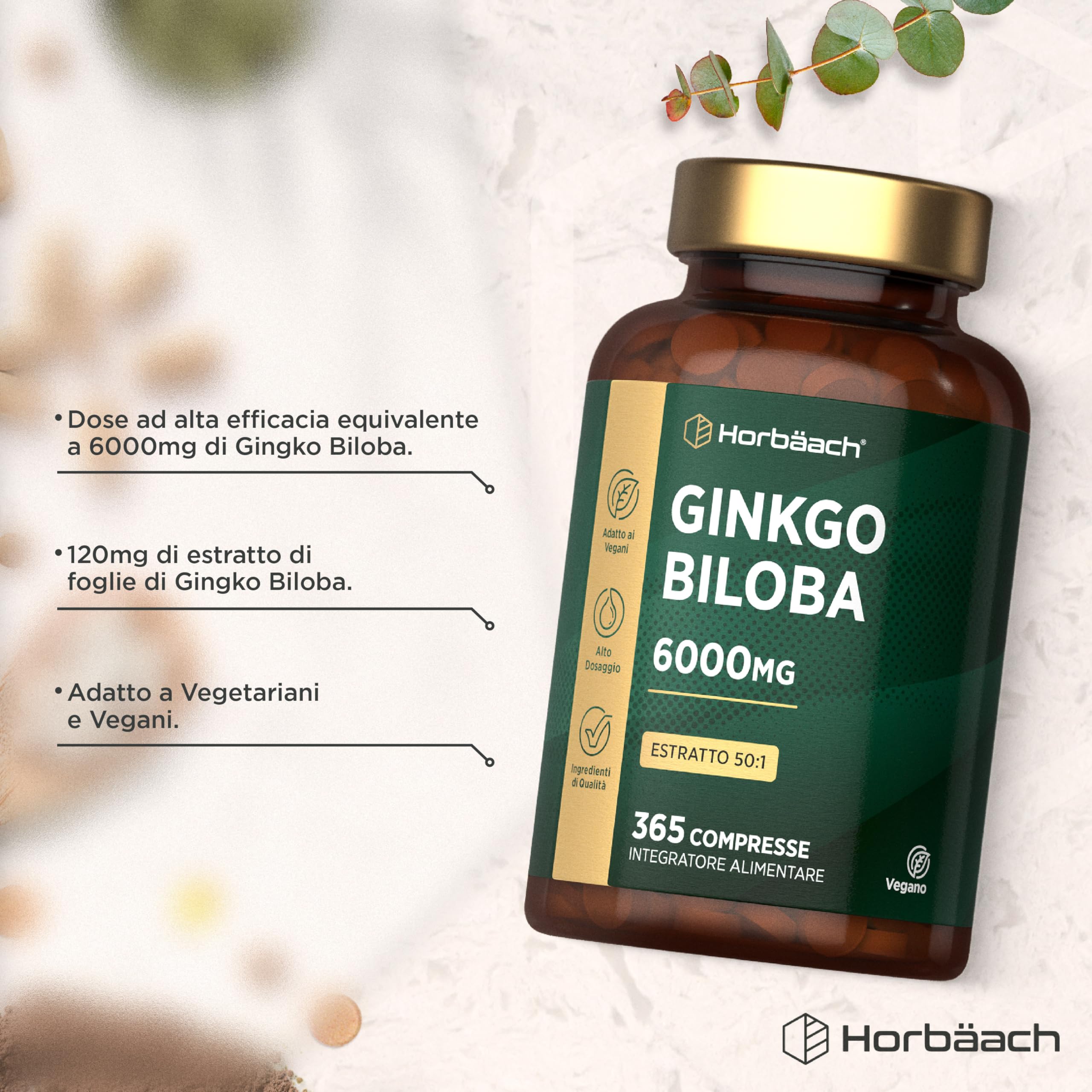 Ginkgo Biloba 6000mg | 365 Compresse Vegane (1 Anno) | Estratto 50:1 ad Alto Dosaggio | Ginkgo Biloba Forte (non capsule) | Facile da Deglutire | Horbaach