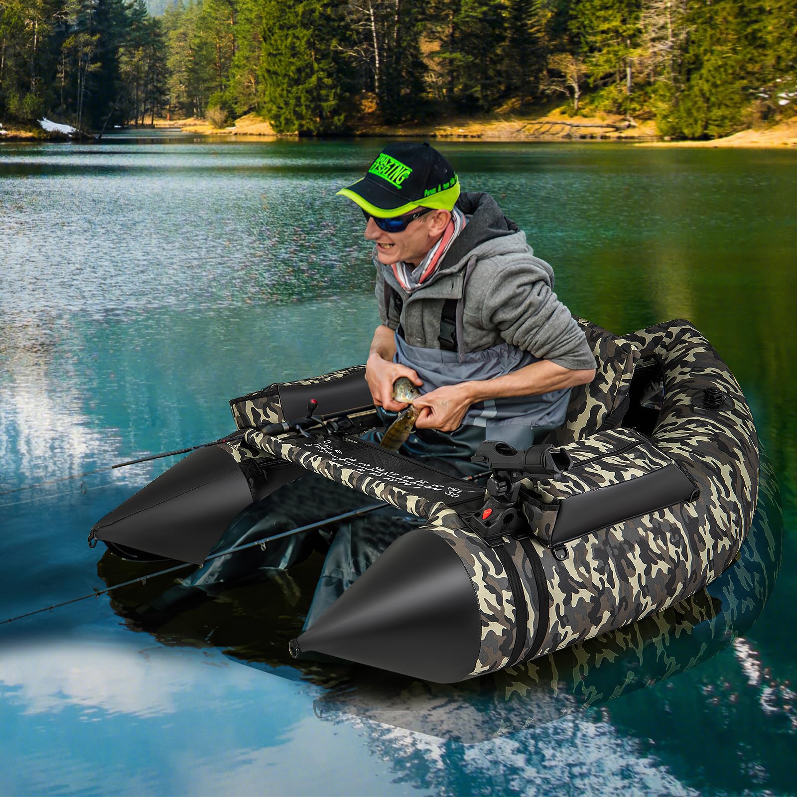 COSTWAY Belly Boat da Pesca Portatile, Gommone Gonfiabile da Pesca con Portacanne Regolabile, Pompa, Pagaia, Spallacci e Kit Riparazione, Barca da Mare con 2 Pinne, capacità 150 kg