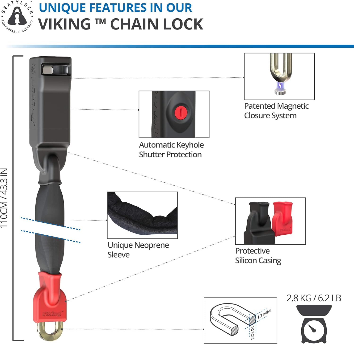 Seatylock Viking Bike Lock Chain with Key - Patented Motorcycle and Bike Locks Heavy Duty Anti Theft Sold Secure Gold - Ultra Bicycle Lock with Maximum Security - Tough Bike Chain Lock (43.5 Inch) : Sports & Outdoors