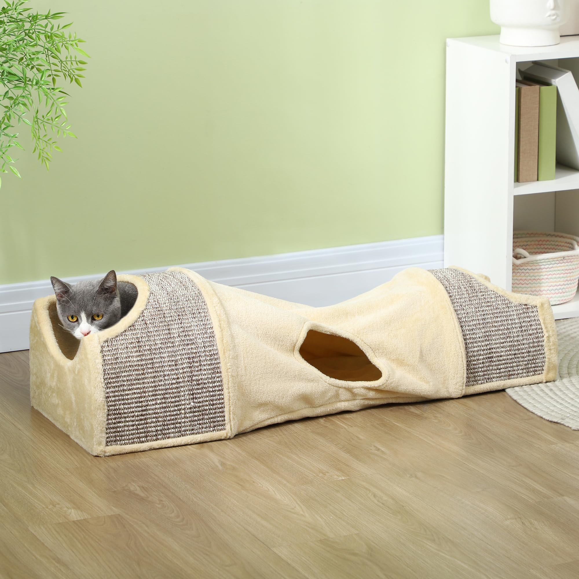 PawHut Tunel dla kota zabawka pluszowa 107 x 38 x 29 cm Beżowy+Szary | Z 2 domkami, 3 otworami, składany tunel do zabawy z sizalu, połączony design