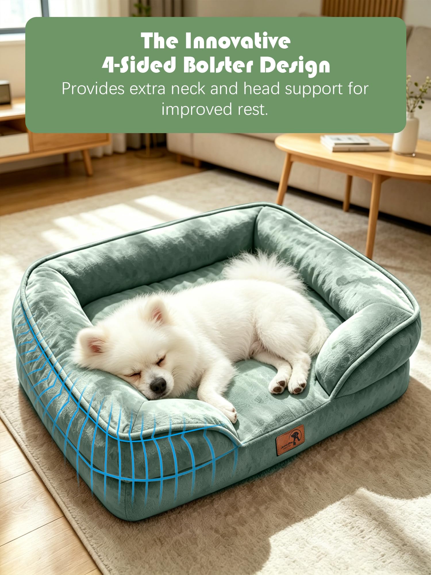 Spotted Play Orthopedic Dog Bed with Sides - Sofa Beds for Small Dogs, Supportive Foam Pet Couch Bed with Washable Removable Cover, Waterproof Lining and Non-Slip Bottom, Green - S view 5
