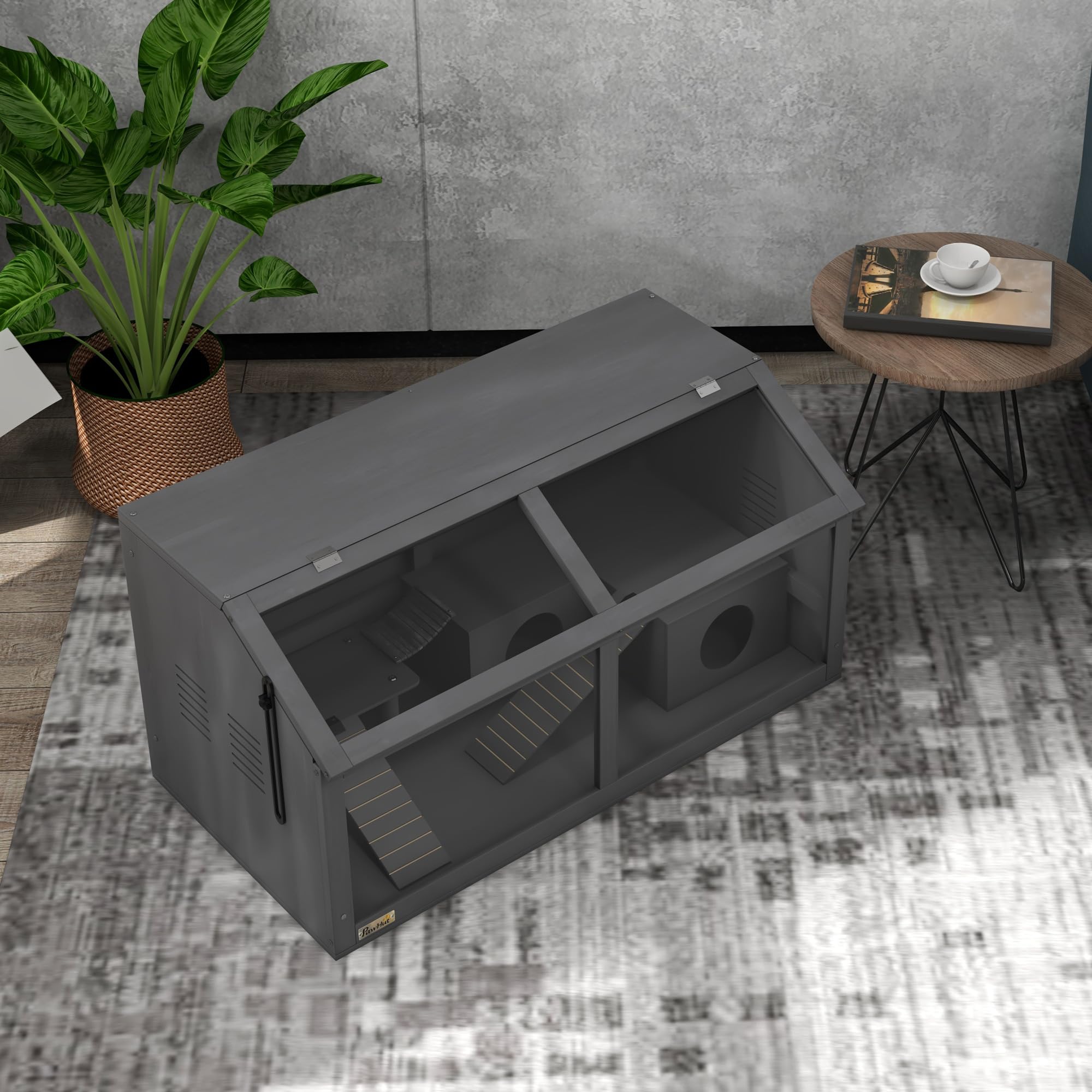 PawHut jaula de madera para hámsters jaula para animales pequeños, con puente colgante, escaleras, caseta, 85 x 45 x 44 cm para roedores con puerta superior, para hámsters enanos, gris oscuro