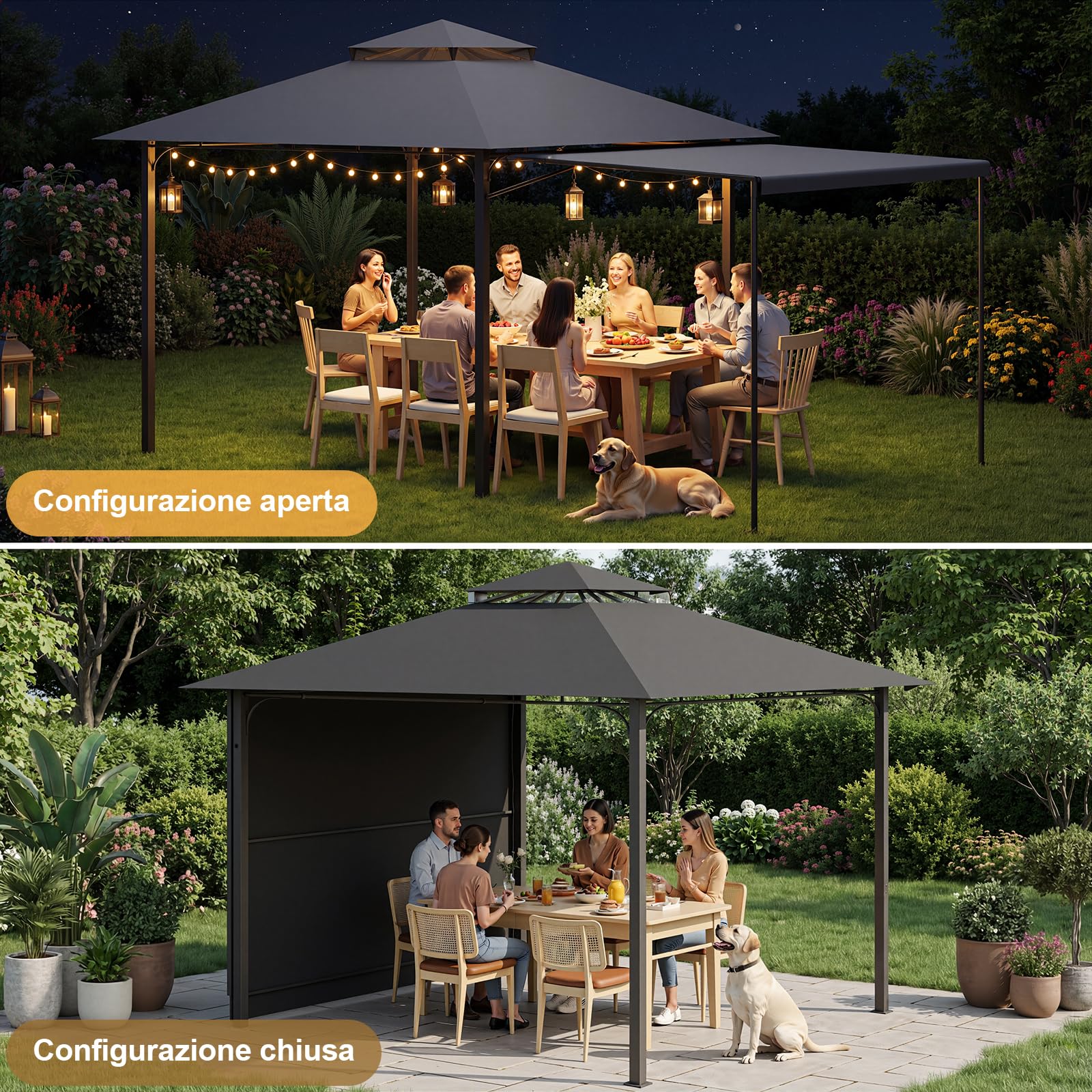 Devoko Gazebo Esterno 3x3m Impermeabile Protezione UV 50+ Pavillon Fisso Giardino 3x4.7m Grigio