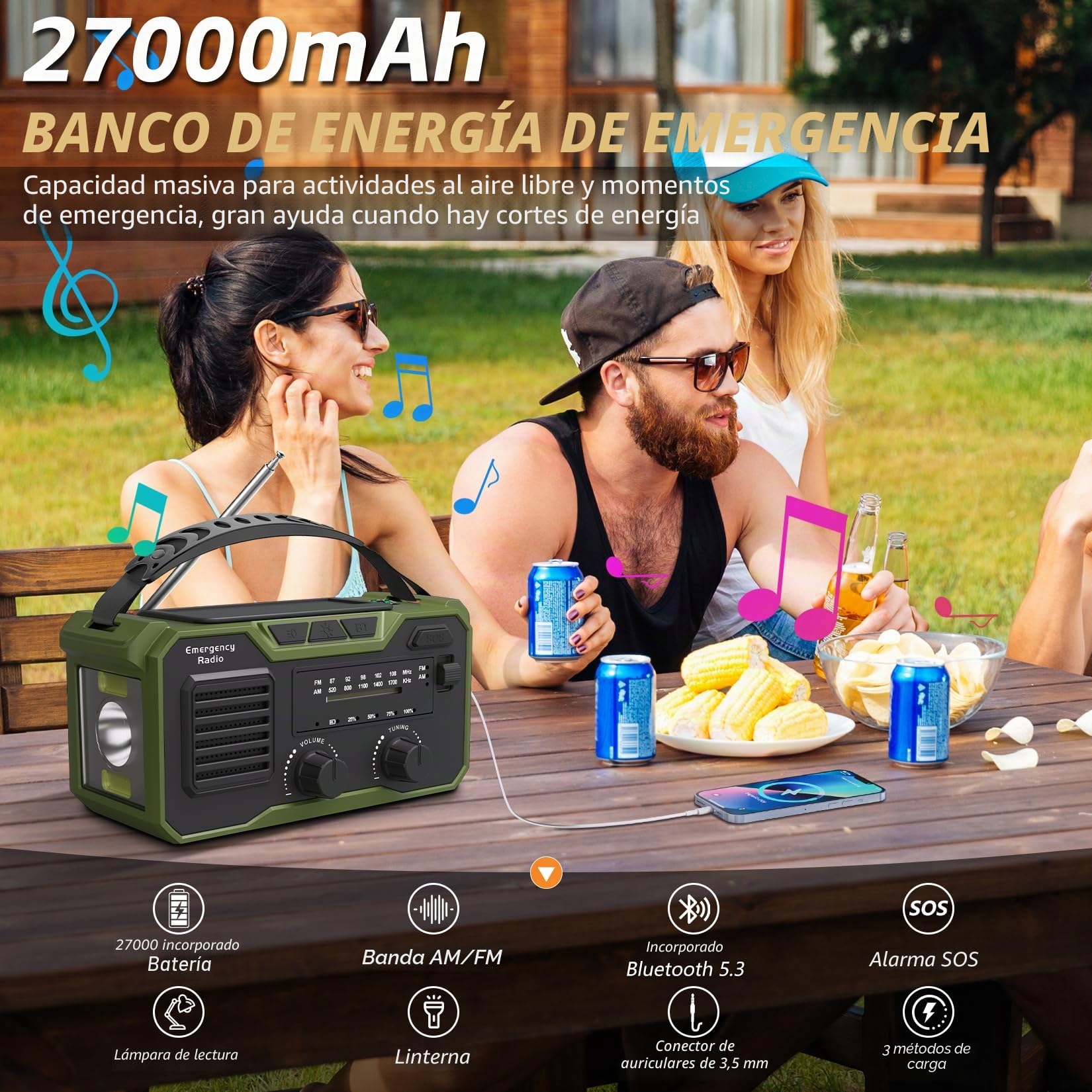 27000mAh Radio Emergencia, FM/Am Radios Solar y Recargable con Bluetooth 5.3/Alarma SOS/Brújula/Linterna, Radio De Dinamo para La Preparación Al Aire Libre para Desastres Naturales (Verde)