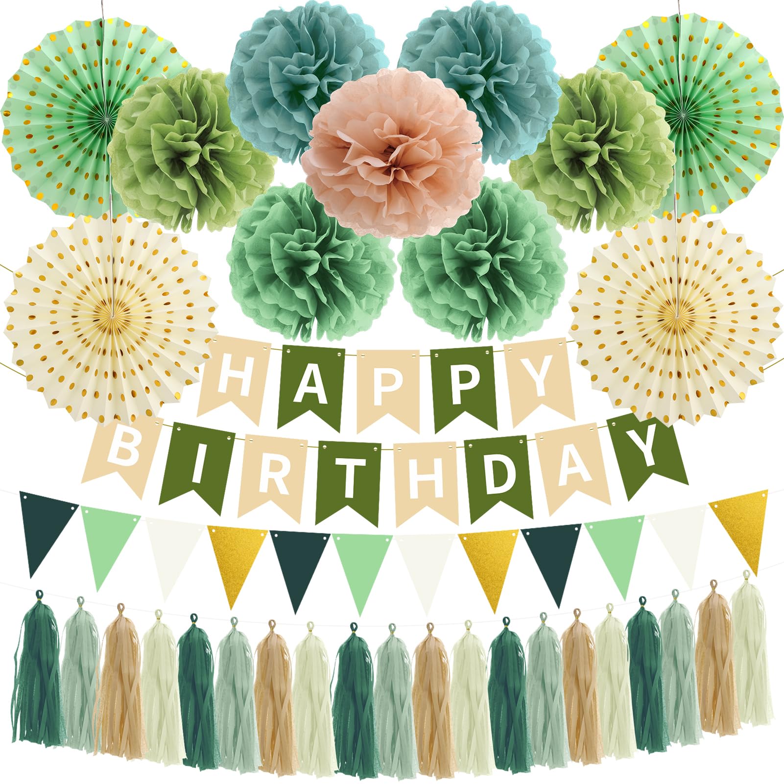 saerryor 33 Pcs Sage Green Birthday Party Decorations for Girls, Paper Decorations with Happy Birthday Banner, Colourful Bunting, Paper Pom Poms & Fan, Tassel Garland for Baby Shower, Garden Party