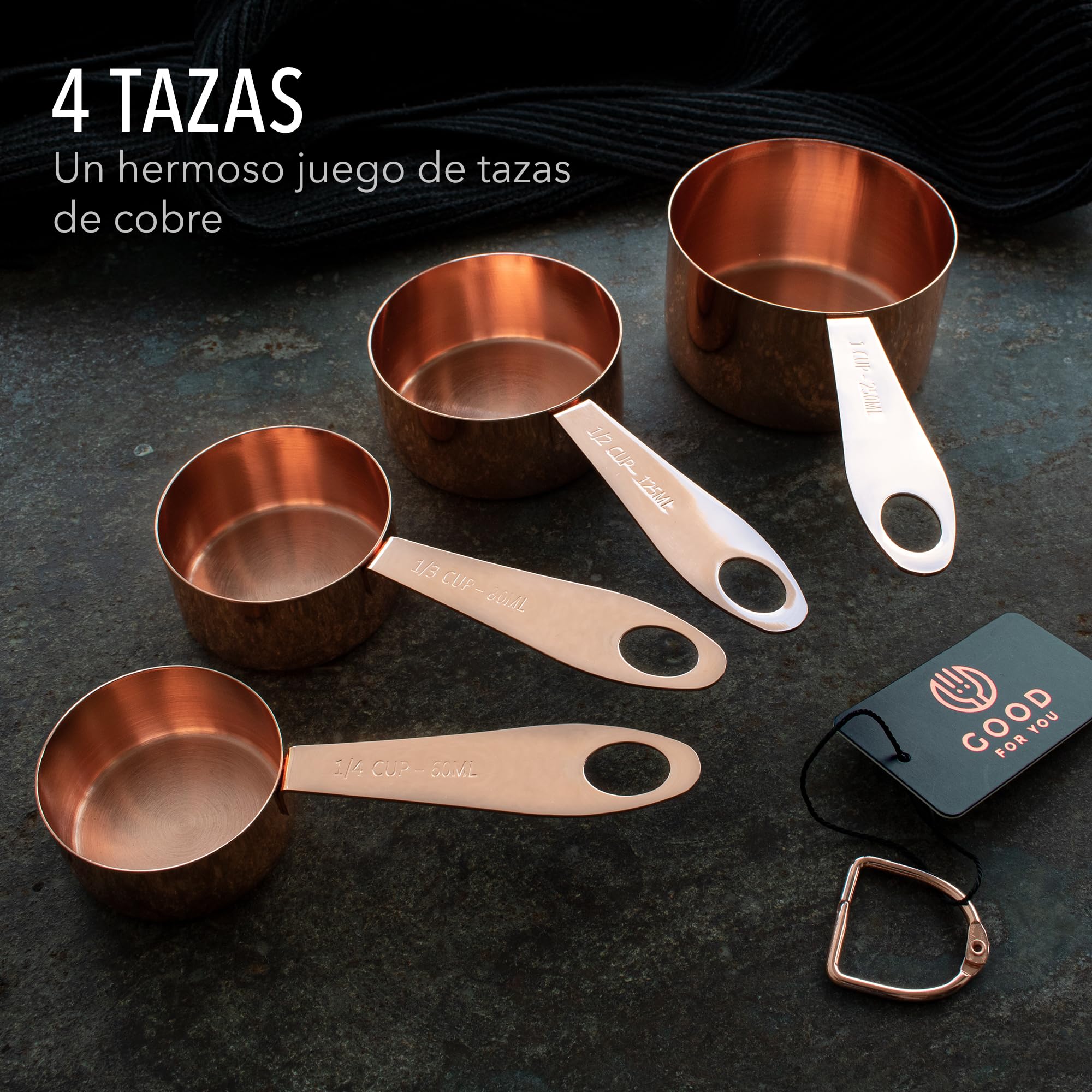 GOOD FOR YOU - Juego de 9 Piezas de Tazas y Cucharas Medidoras | de Cobre y Acero Inoxidable brillante |con Medidas grabadas | Para ingredientes secos y líquidos, cocinar y hornear