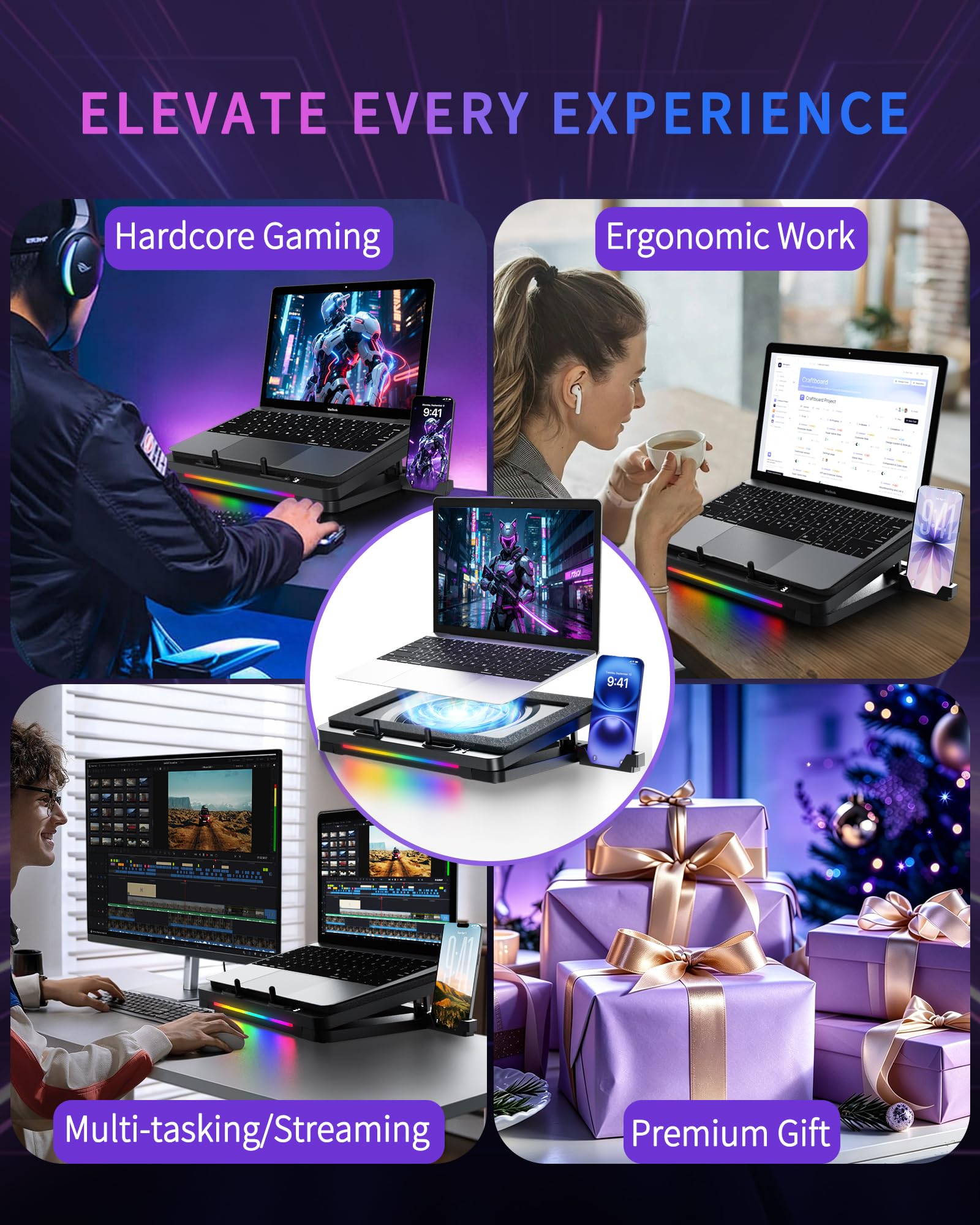 LP-3 Gaming Laptop Cooling Pad, Potente Turbo-Fan 180+ CFM RGB Laptop Cooler, silenzioso supporto ventola di raffreddamento per laptop con cuscinetti antiscivolo, altezza regolabile, controllo a 3