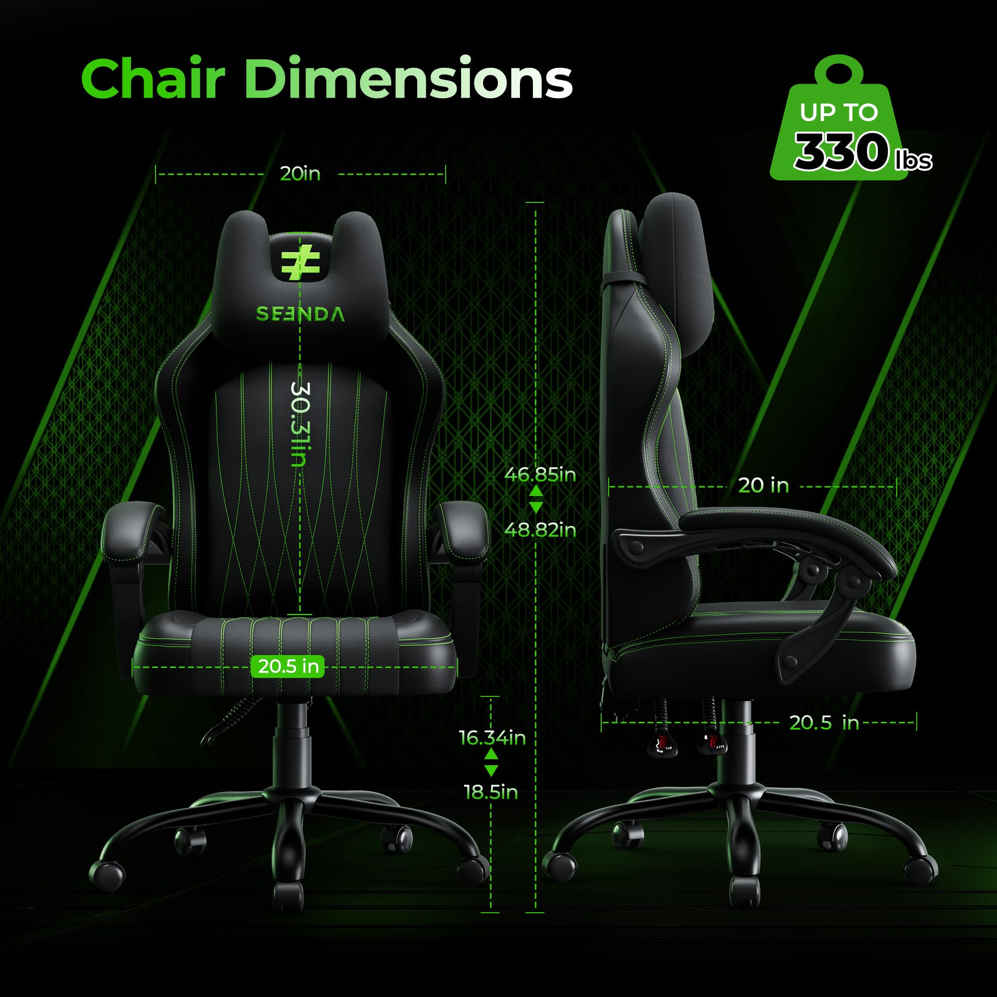 seenda GCP-18 Bürostuhl Ergonomisch – Atmungsaktiver Gaming Stuhl aus Tech-Stoff & PU-Leder, Drehstuhl mit Synchron-Mechanik & 135° Neigung, Abnehmbares Kopfkissen, Chefsessel für Homeoffice, Schwarz