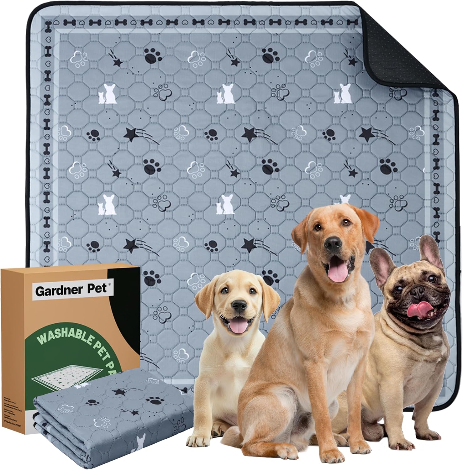 Gardner Pet Washable Dog Pee Pads, 72'' x 72'' Non Slip Dog Mats with Great Urine Absorption, Reusable Puppy Pee Pads for Potty Training , 1 Pack Gray 72''x72''-1 Ct