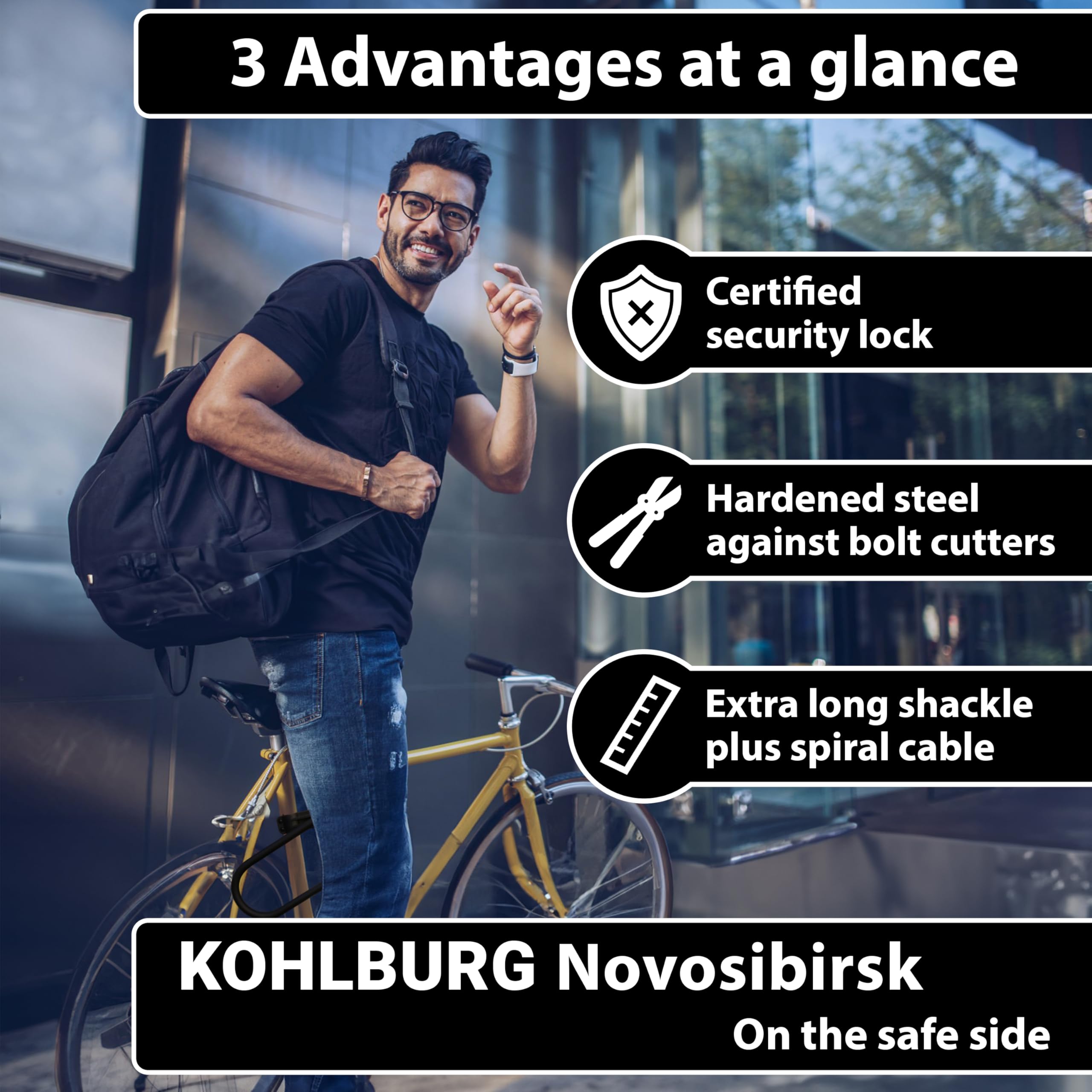 KOHLBURG U-Locki – Najwyższy poziom bezpieczeństwa 15/15 z kablem 170 cm – Duży bezpieczny zamek U z uchwytem do roweru elektrycznego & roweru – Zamek rowerowy wysoki poziom bezpieczeństwa