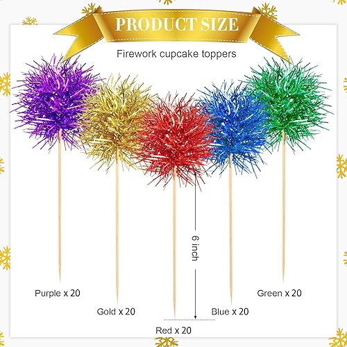 Vista 2 de Chinco 100 piezas de papel de aluminio para magdalenas de fuegos artificiales, espumillón brillante, decoración de pasteles, cóctel, fruta, palillo