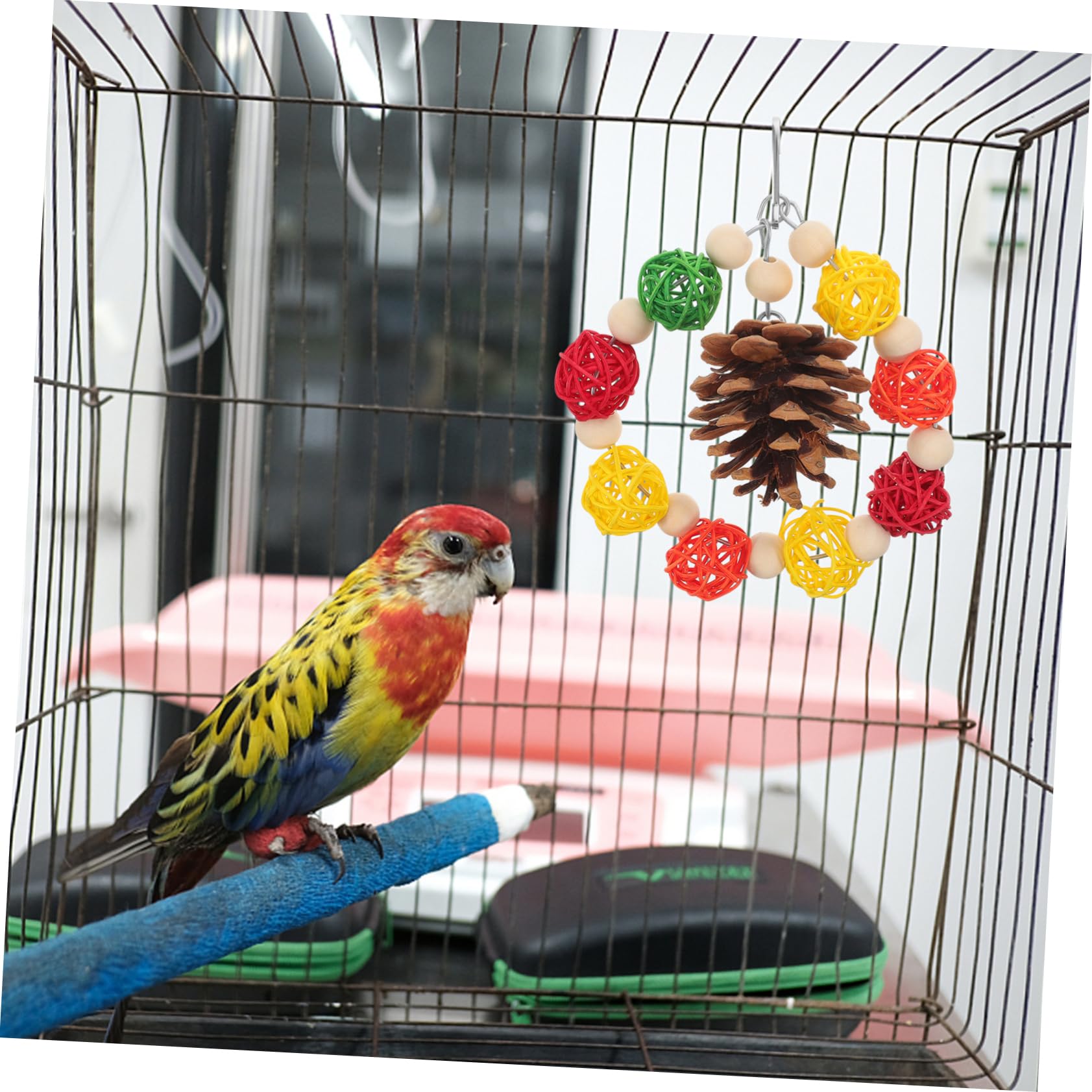 VANZACK 4pièces Jouet à Mâcher pour Oiseaux Cône De Pin Naturel Et Balles Rotin Accessoire De Jeu pour Perruches Et Perroquets Jouet De Foraging Suspendu