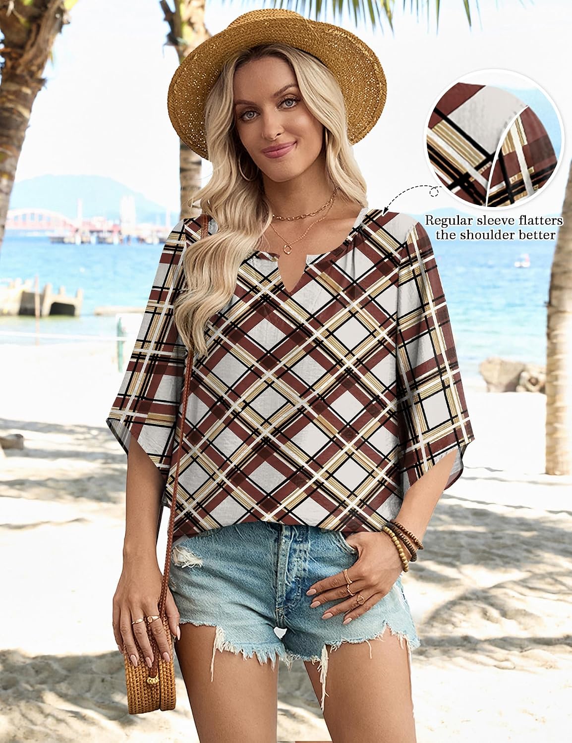  Women's 3/4 Length Sleeve Boho Tops V Neck Casual Vacation Clothes Loose Fit Tunic Shirts S-3XL thumbnail
