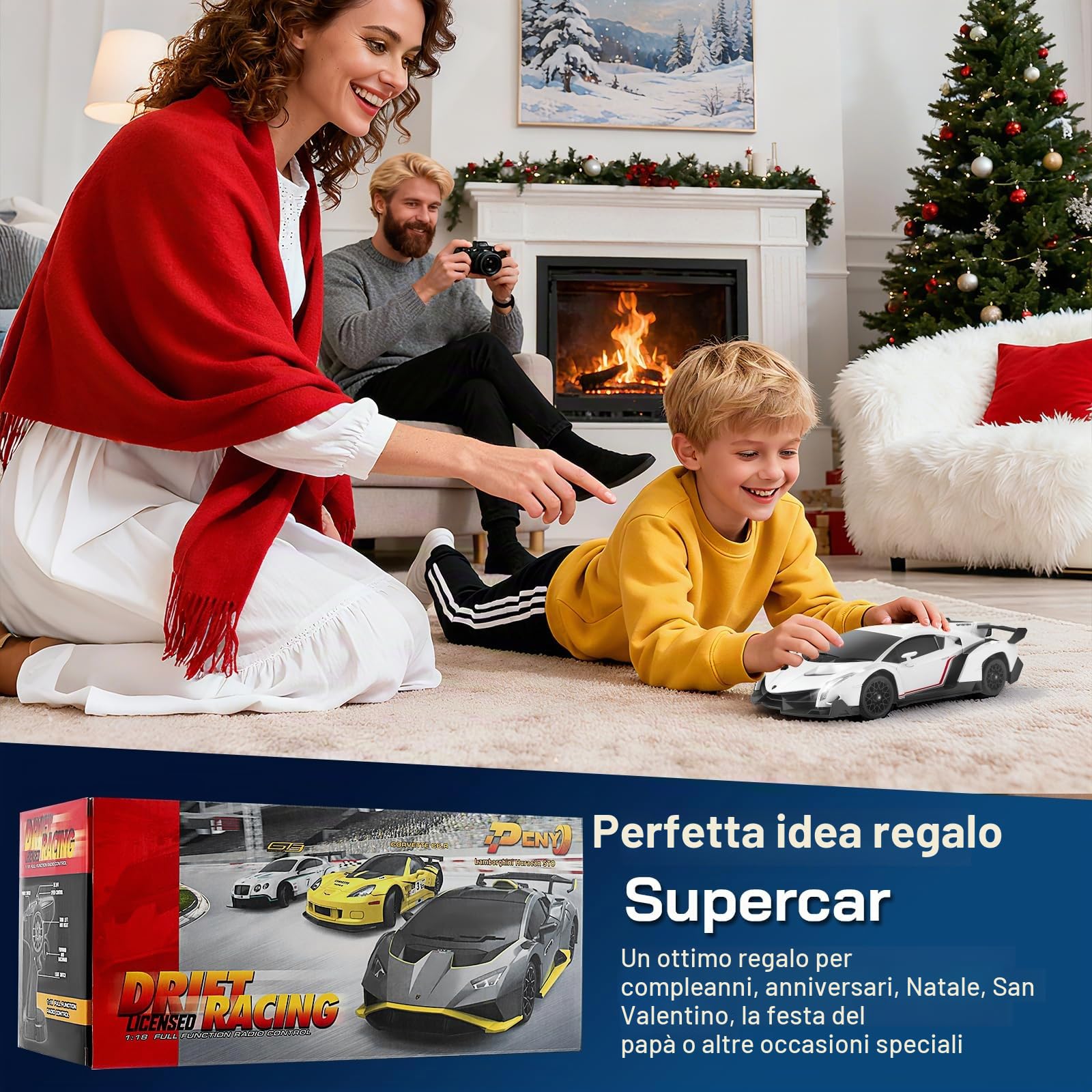 Lamborghini RC Drift Car 1:18 4WD - Auto da corsa ad alta velocità da 35 km/h con luci a LED - Giocattolo da drift telecomandato completamente proporzionale, regalo per bambini, bianco