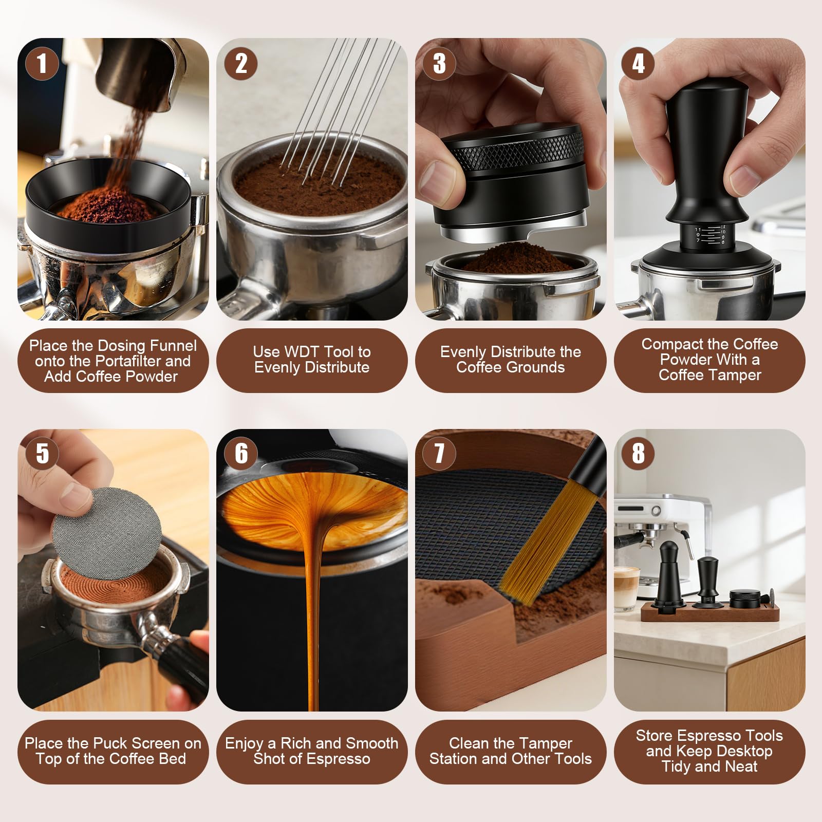 Kit Barista Caffè 7 Pezzi, Tamper 51mm Stazione di Pressatura, Distributore per Caffè, Strumento WDT, Anello Dosatore Magnetico, Filtro Puck, Spazzola Set Accessori per Macchina Espresso Portafiltro