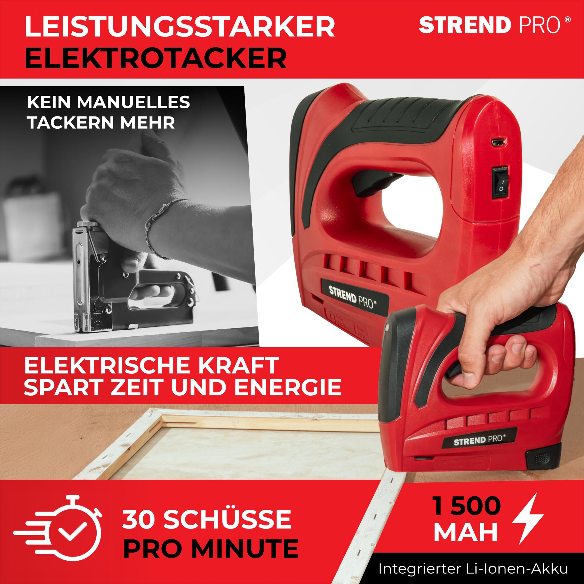 STREND PRO Akku Tacker 1,5Ah Tackerpistole Klammern Typ 53 (4-10 mm) Nägel Typ C1 (10mm) inkl. 400 Klammern 100 Nägel