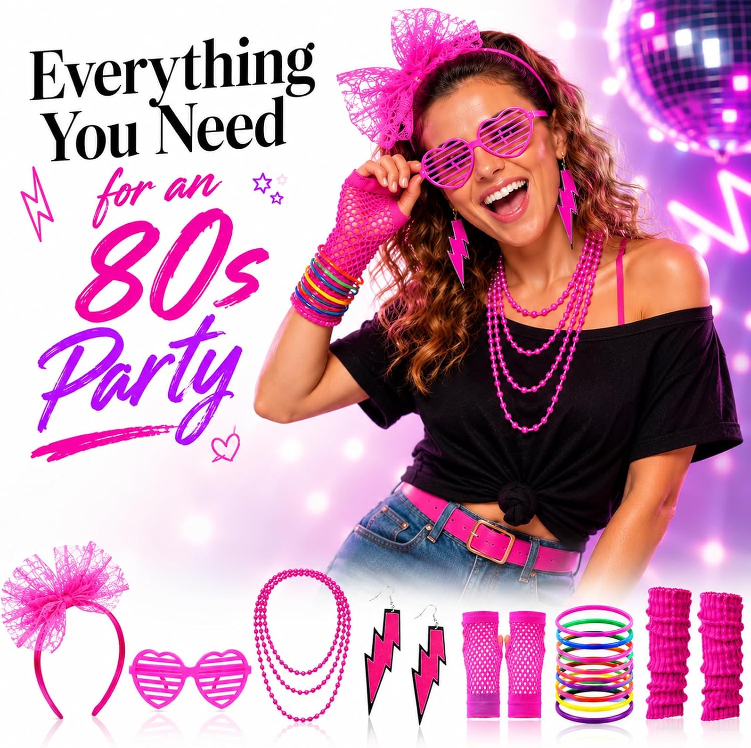 80s Costume Accessories for Women, 7 PCS Neon Party Outfit with Glasses, Gloves, Earrings, Headband & Leg Warmers