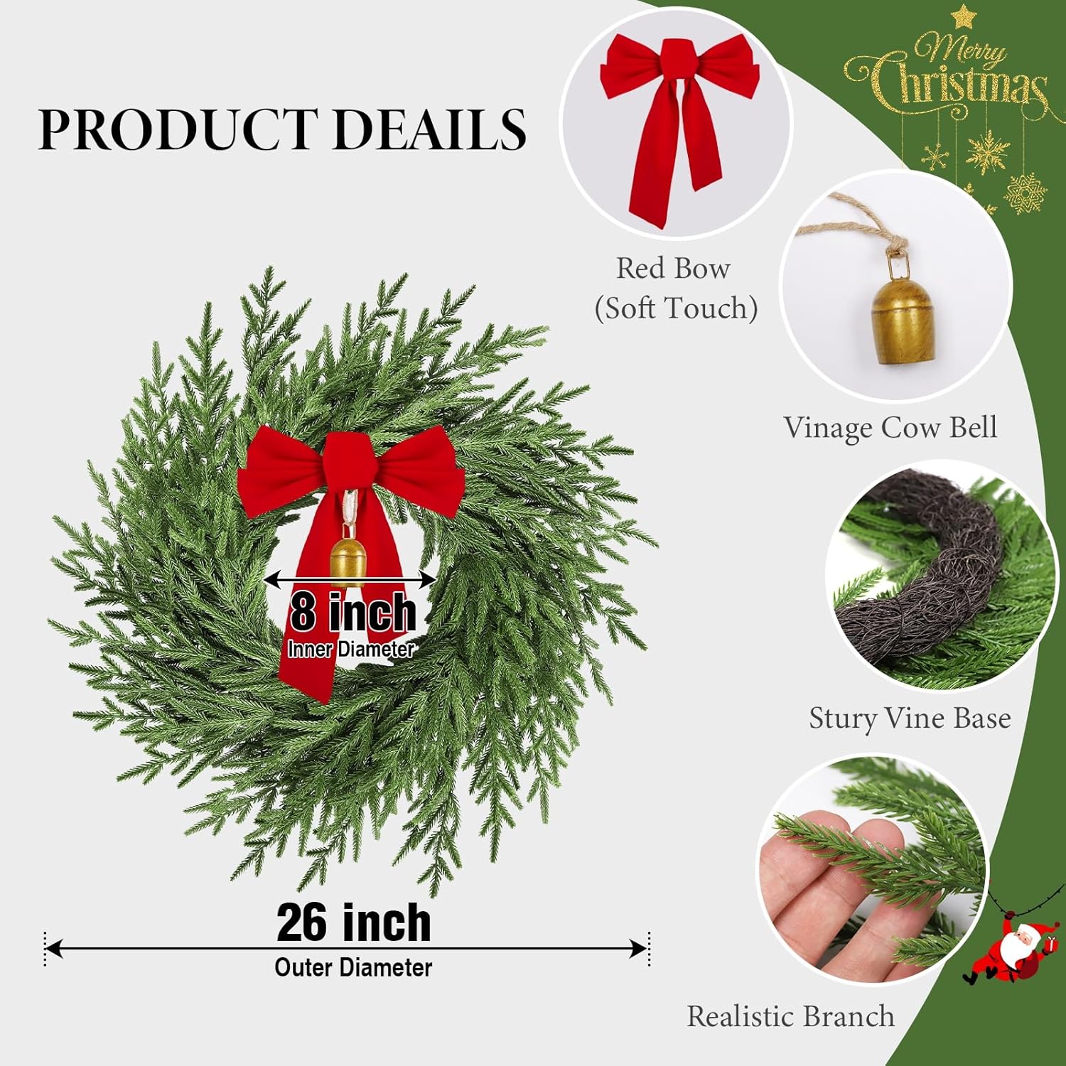 26" Christmas Wreath for Front Door, Artificial Wreath with Bow and Bell,Real Touch Pine Winter Wreath Christmas Decoration for Porch,Window,Wall,Thanksgiving Day Harvest Festival - Image 4