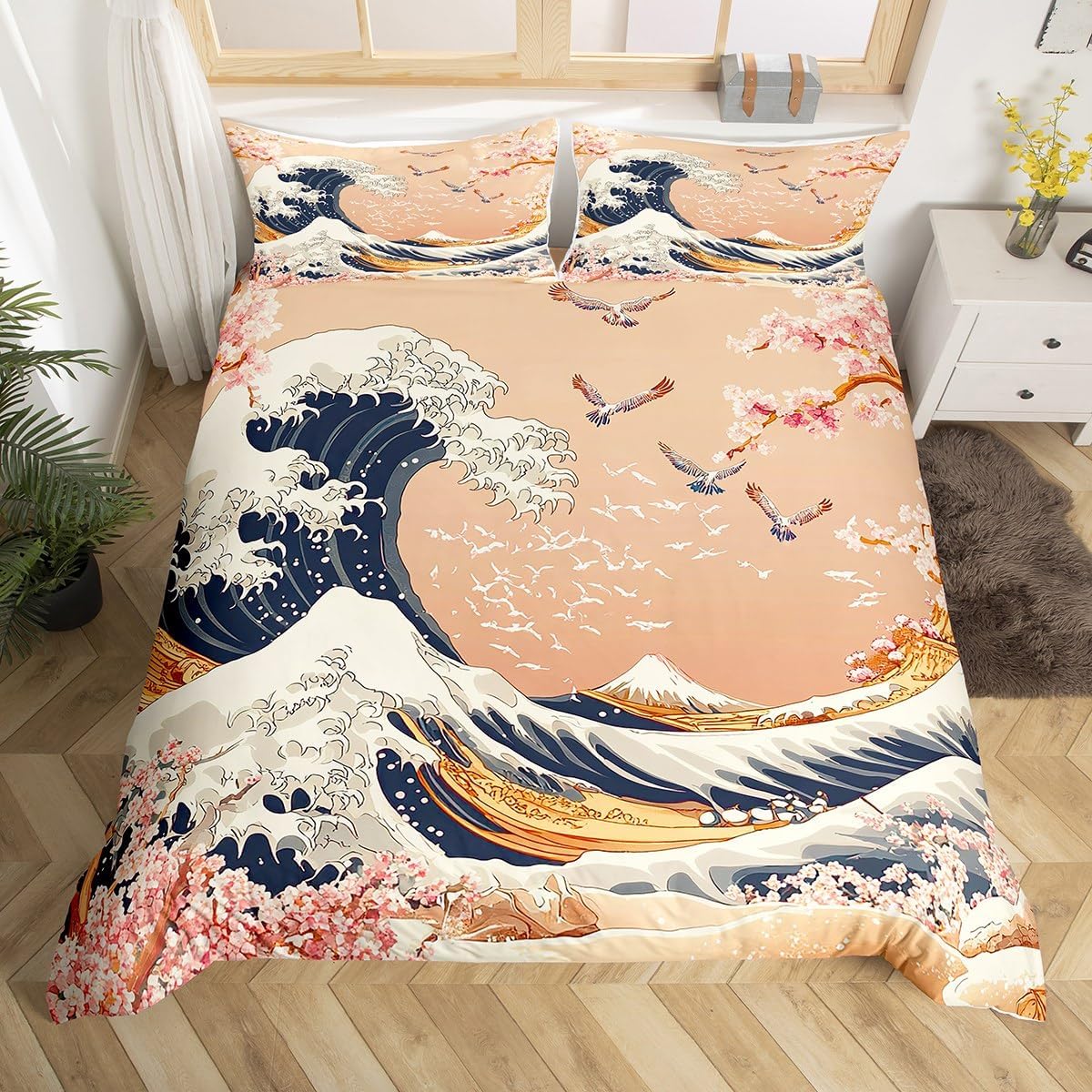 jejeloiu Japanese Wave Duvet Cover for Kids Boys Girls Toddler Size Ocean Wave Bedding Set Ultra Soft Cherry Blossoms Comforter Cover Set Fuji Mountain Bedspread Cover Japanese-Style,No Comforter