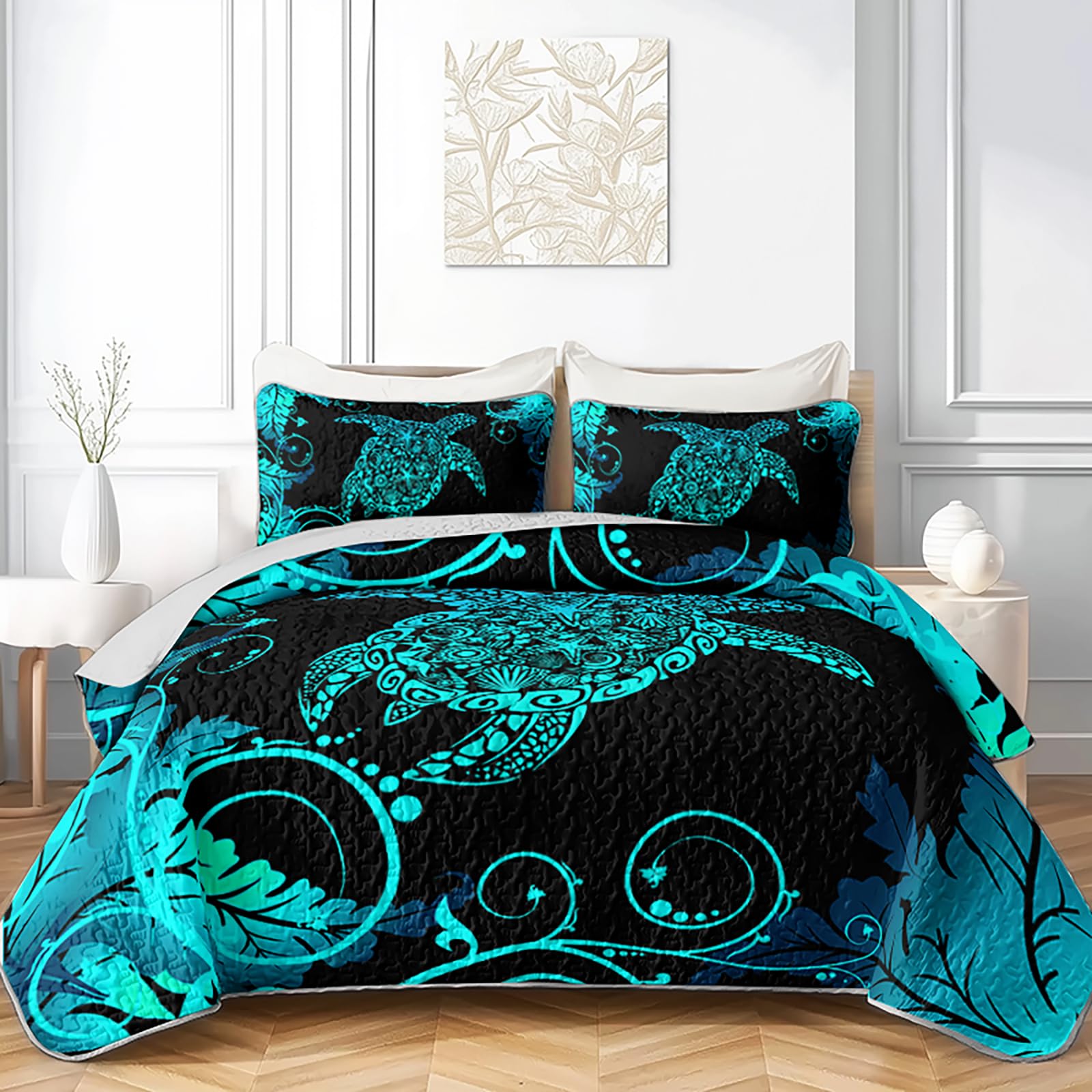 AILONEN Sea Turtle Twin Size Quilt Coastal Quilted Bedding Set, Nautical Beach Bedspread Coverlet 3-Piece,Tropical Leaves Aqua Blue Exotic Quilt with