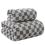 Microfiber Towels for Bath-Checkered Bath Towel for Men and Women-Soft Coral Fleece Towel with Hook Quick Dry Super Absorbent-70 x 140 cm (Grey, 1 Bath Towel + 1 Hand Towel Combo)