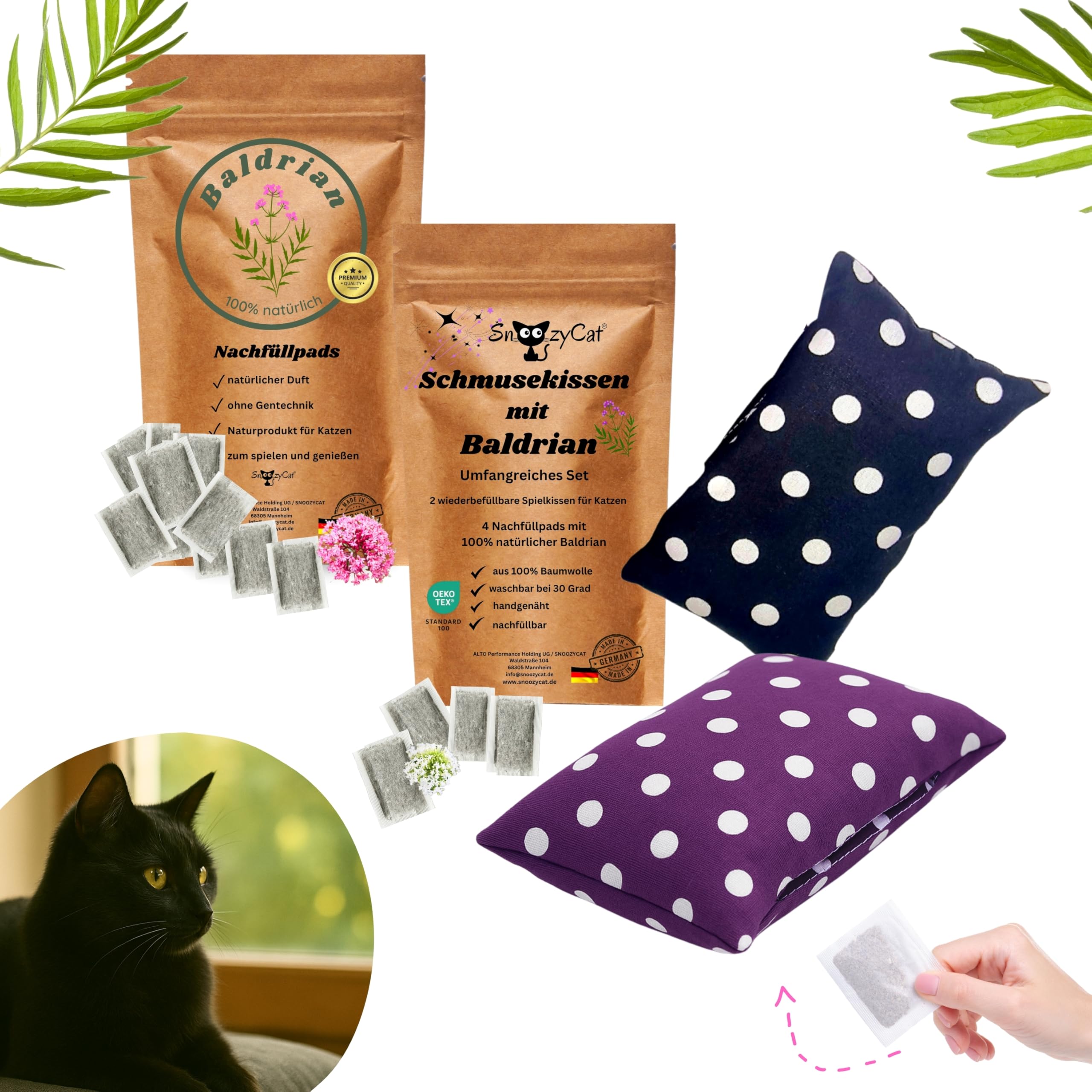 SNOOZYCAT 2 Cat Cushions + 14 Refill Pads Pure Valerian - Handmade Cat Toy, Oeko-Tex Cotton, Refillable & Natural - Image 3